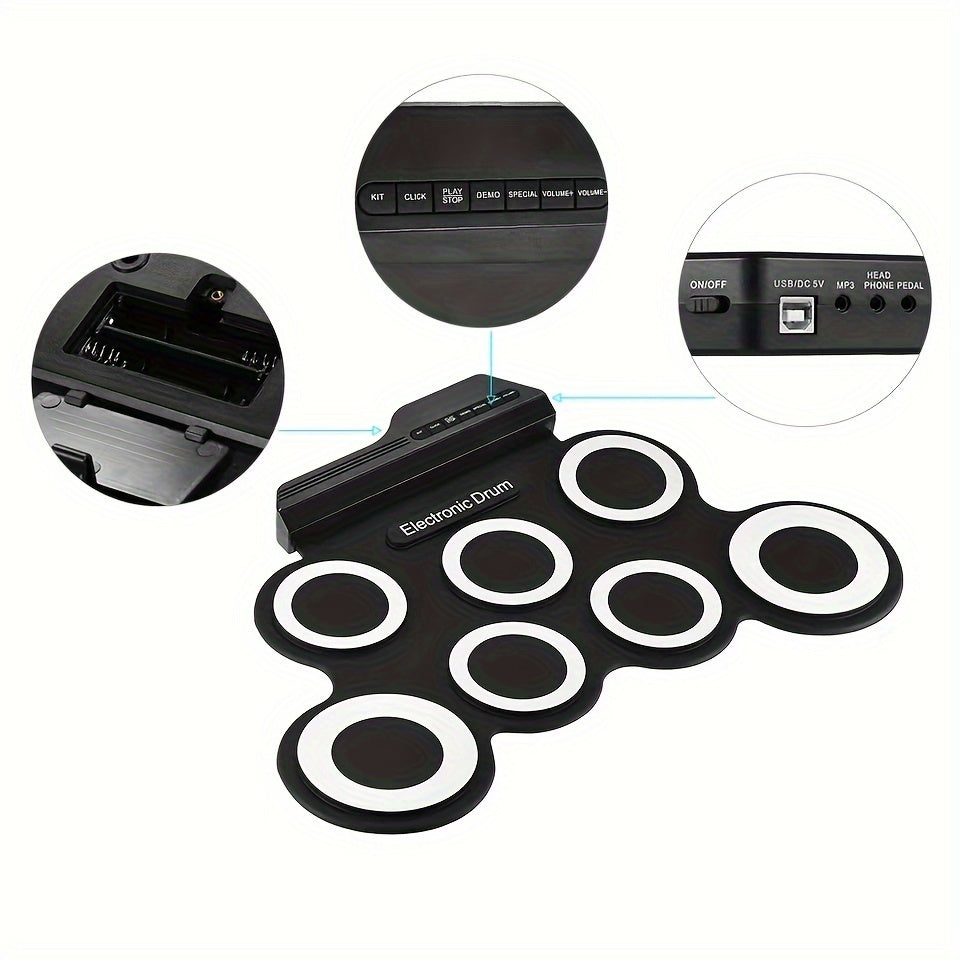 Compact and portable electronic drum kit for beginners, features USB MIDI, headphone jack, built-in metronome, and battery power. Ideal for drum practice and includes basic functions.