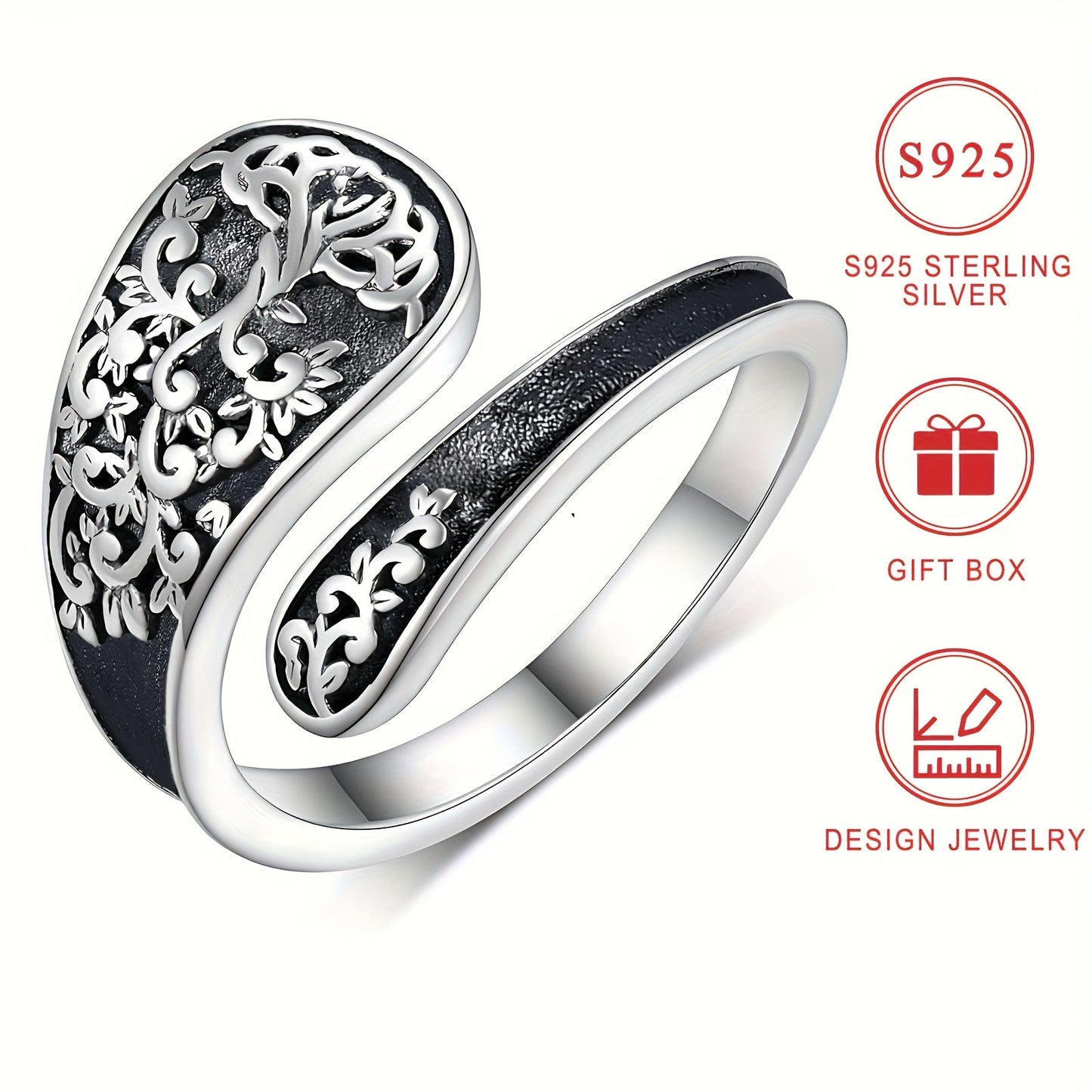 Vintage Bohemian style 3D texture Tree of Life band jewelry made from S925 Sterling Silver Spoon Ring, hypoallergenic and perfect for women. Comes with a gift box, ideal for gifting.