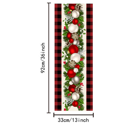 Polyester Merry Christmas table runner in red and black plaid print for holiday decoration and gift giving.