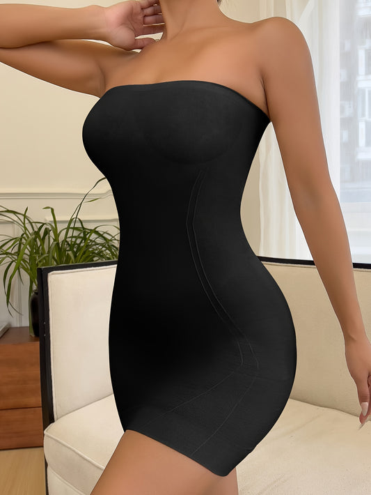 Women's shapewear bodysuit dress with seamless nylon knit for slimming and lifting, lightweight fabric.