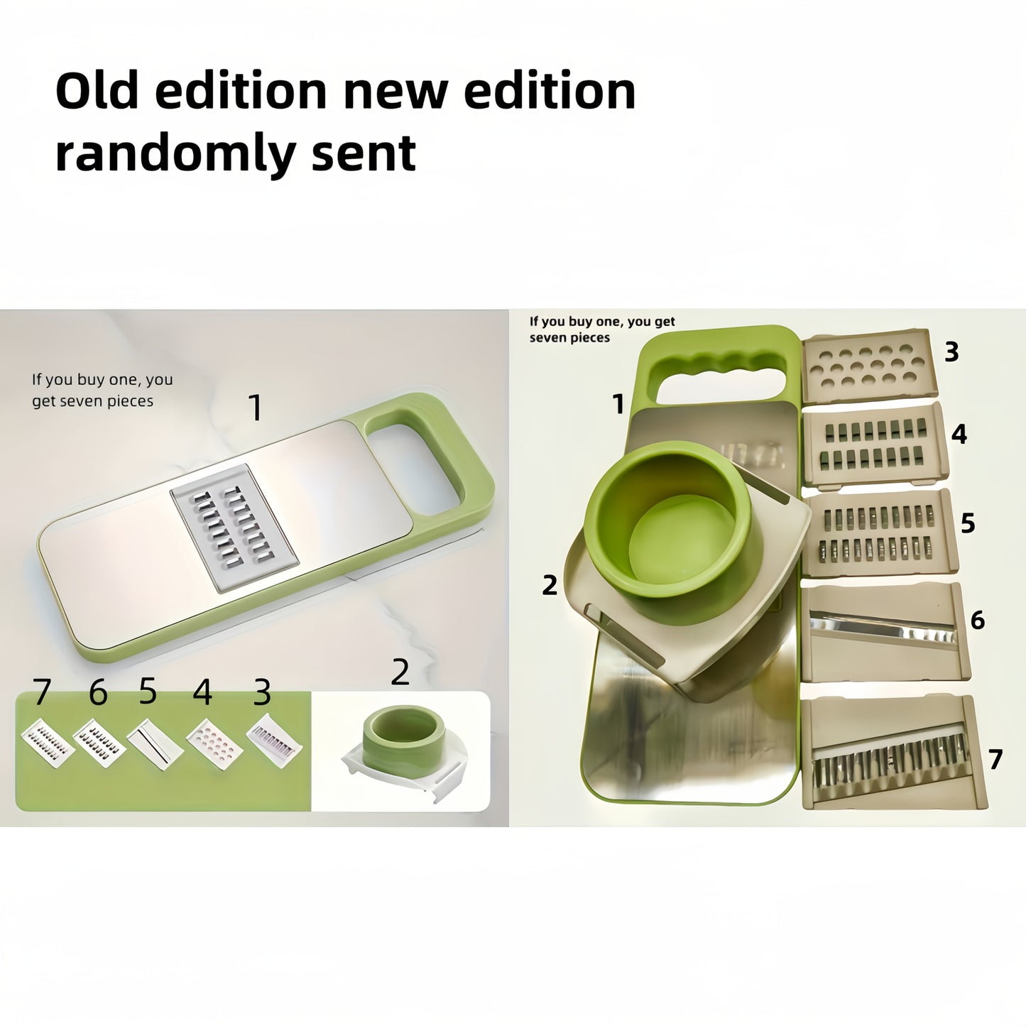 7-piece stainless steel vegetable slicer and grater set with replaceable blades for perfect slicing and grating of potatoes, carrots, cucumbers, and more. Includes storage container. Ideal