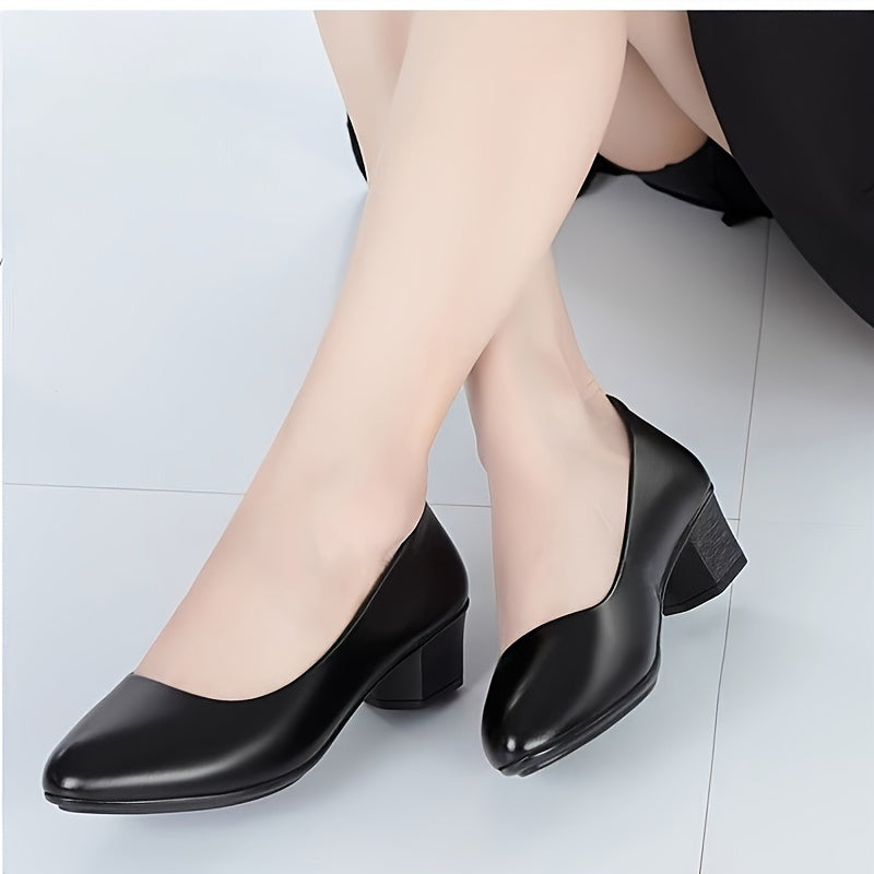 Elegant black faux leather work pumps with mid-height chunky heel, soft sole, and slip-on design for office and commuting.