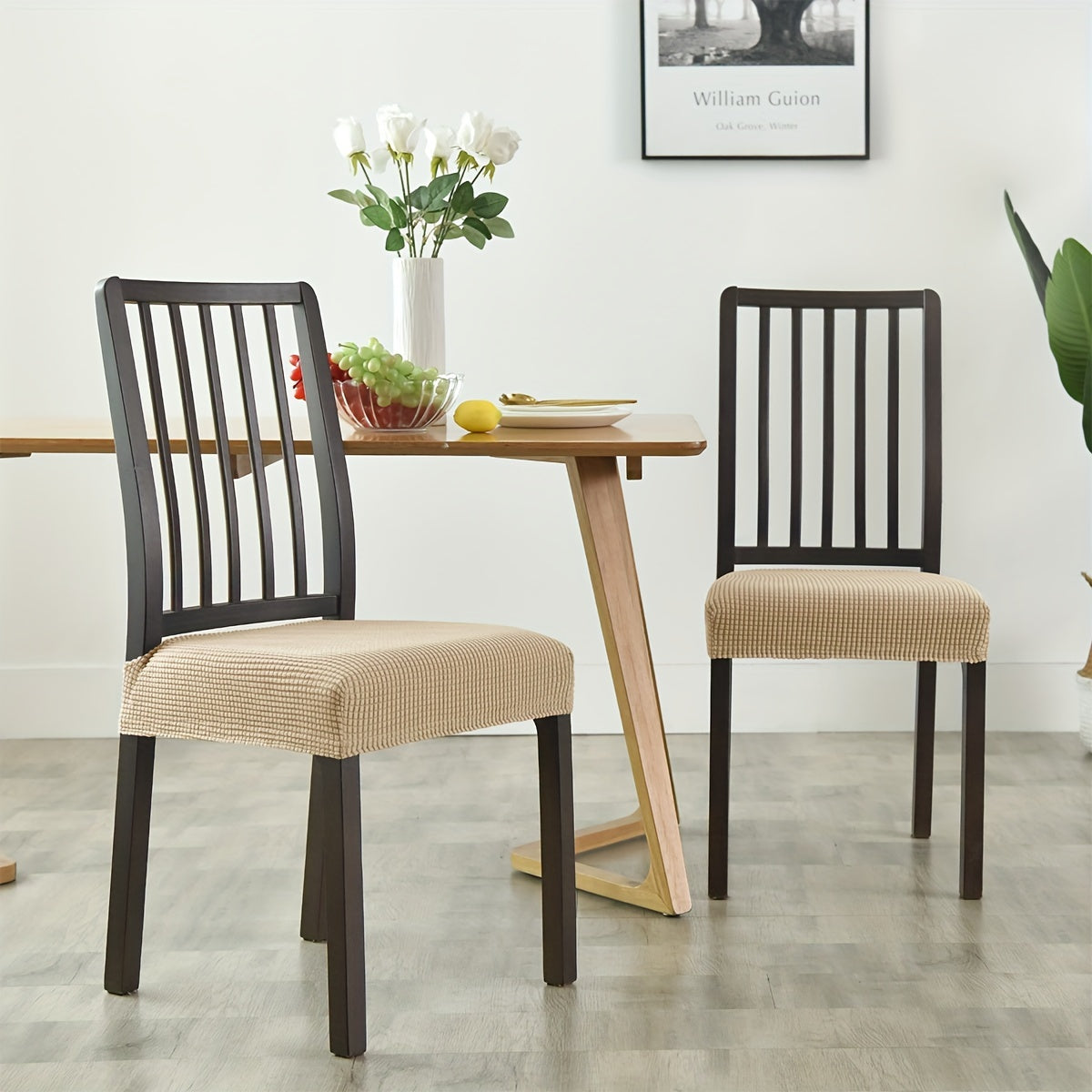 Stretchable dining chair covers made from a blend of elastic spandex and polyester, machine washable with contemporary design. Fits most chairs (42/66cm width) for chair protection. Ideal for modern home decor.