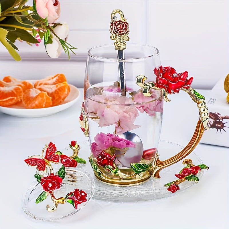 Rose enamel crystal tea cup featuring butterfly and rose design, heat resistant for coffee and water, perfect gift.