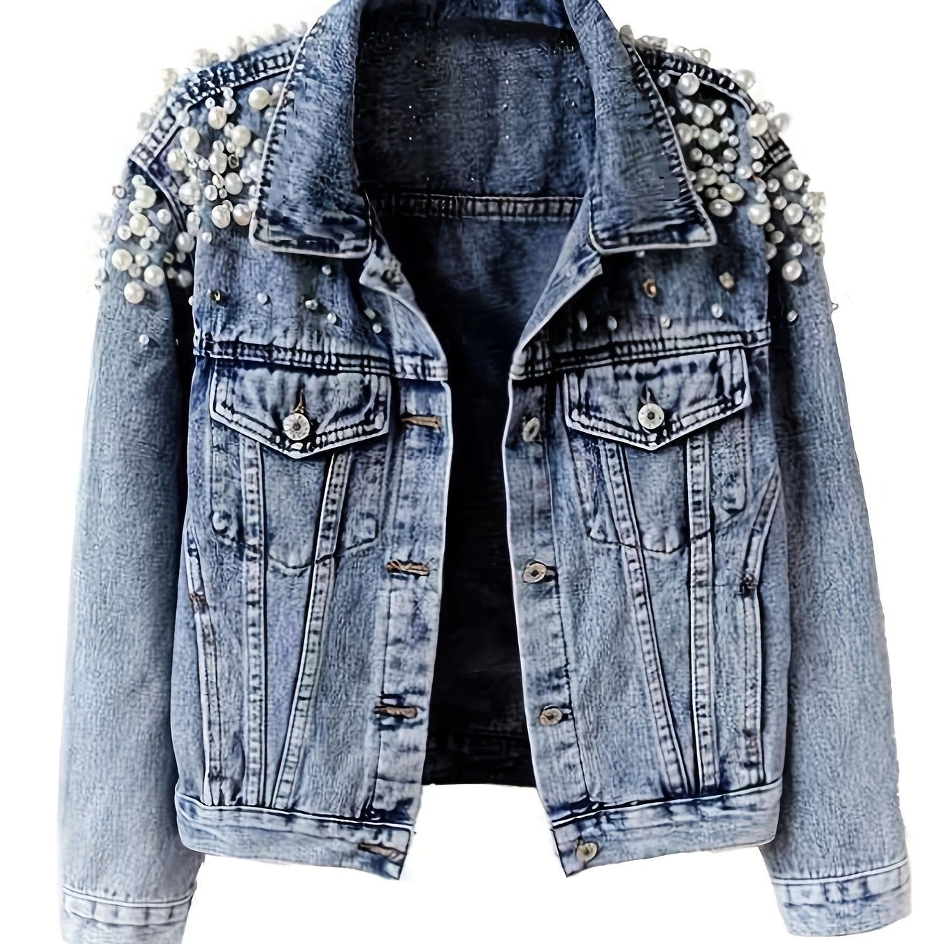 Vintage-style large pearl studded denim jacket for women, perfect for street fashion in spring and autumn.