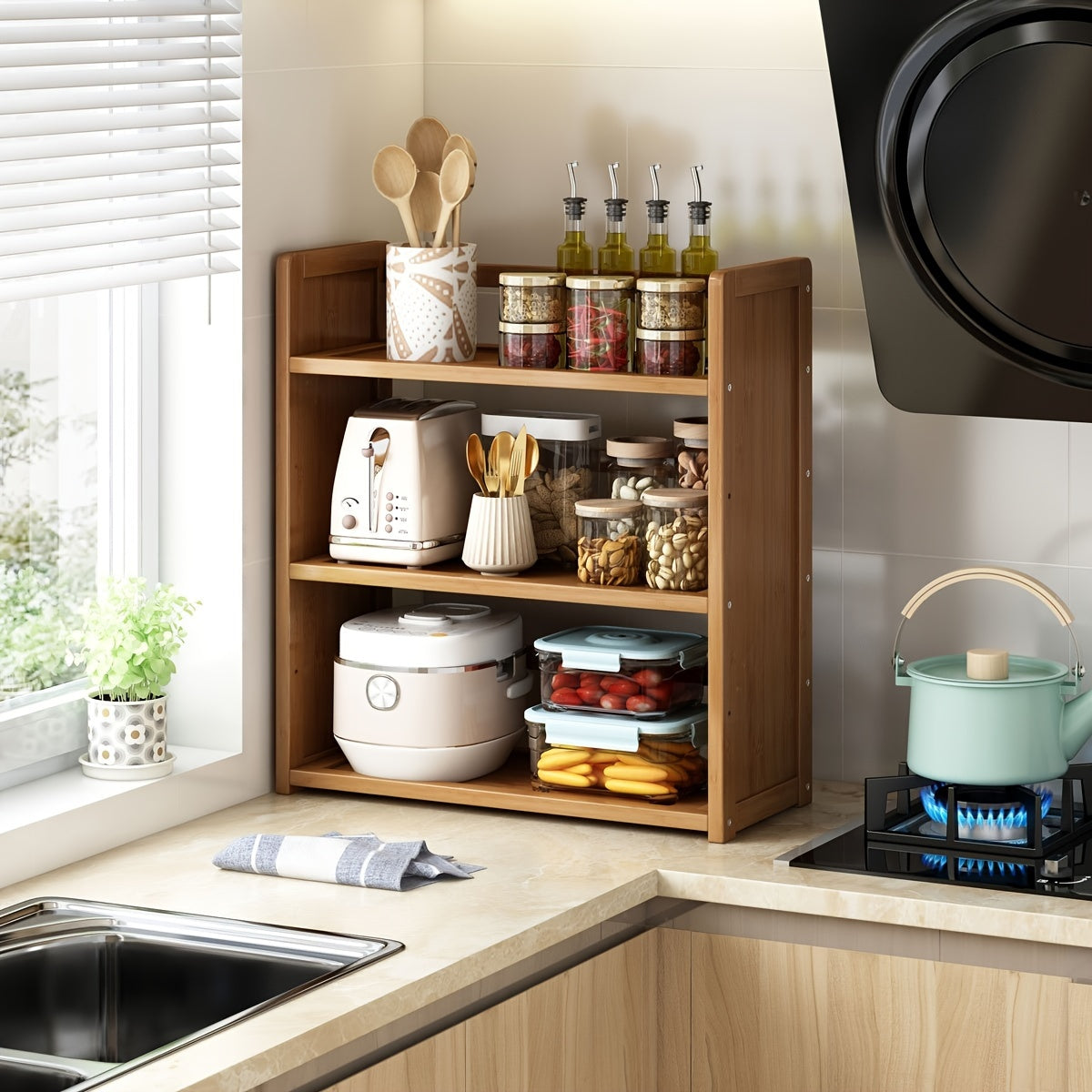 Large freestanding organizer made of brown hardwood, designed with open shelves for kitchen storage. Easy assembly with no power needed, perfect for home and kitchen use.