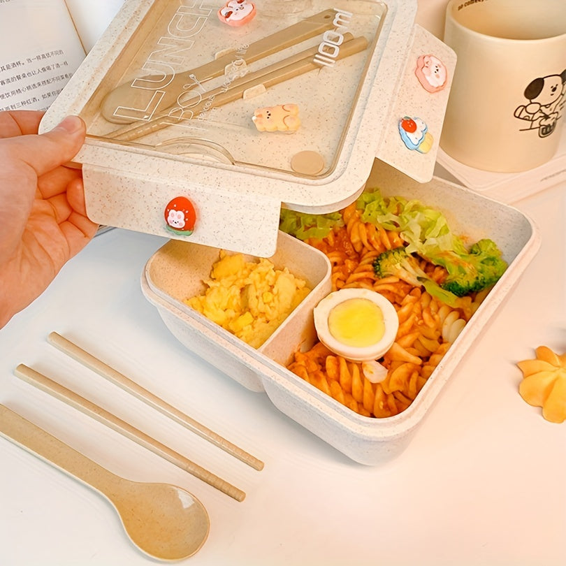 Insulated lunch box set with tableware for office workers, featuring a square divided wheat straw bento box with spoon and chopsticks. This leakproof food container is perfect for teenagers and workers, ideal for home kitchen use and to take back to