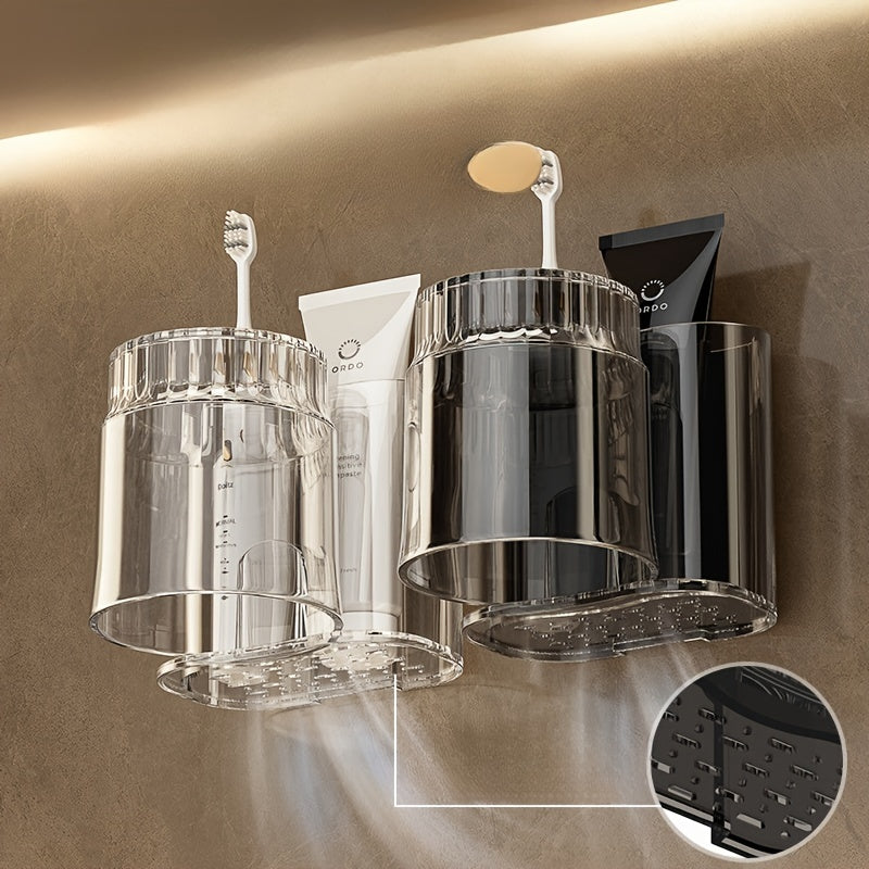 Toothbrush holder with cup that mounts on wall - space-saving bathroom organizer.