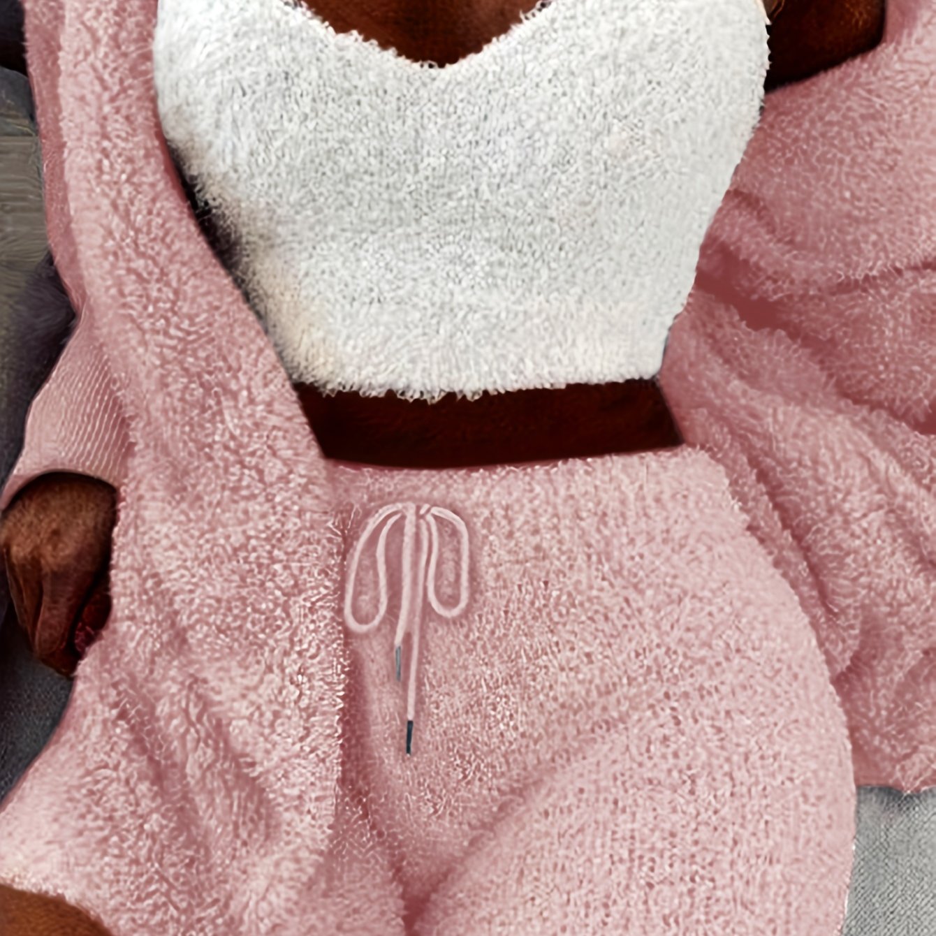 Women's cozy pajama set with long sleeve hooded robe, tank top, and drawstring shorts for sleepwear and loungewear.