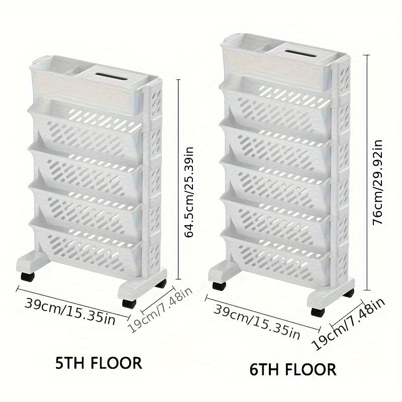 White plastic storage shelf with 5 or 6 layers for organizing items in office.