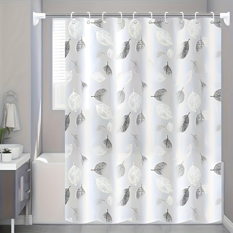 Leaf pattern shower curtain with metal grommets, easy to clean, includes hooks, ideal for bathroom decor and gift-giving.