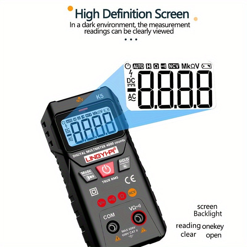 4000V digital multimeter with automatic/manual modes for AC/DC voltage and resistance testing. Made of plastic, battery powered (batteries not included). High precision of 0.1, suitable for