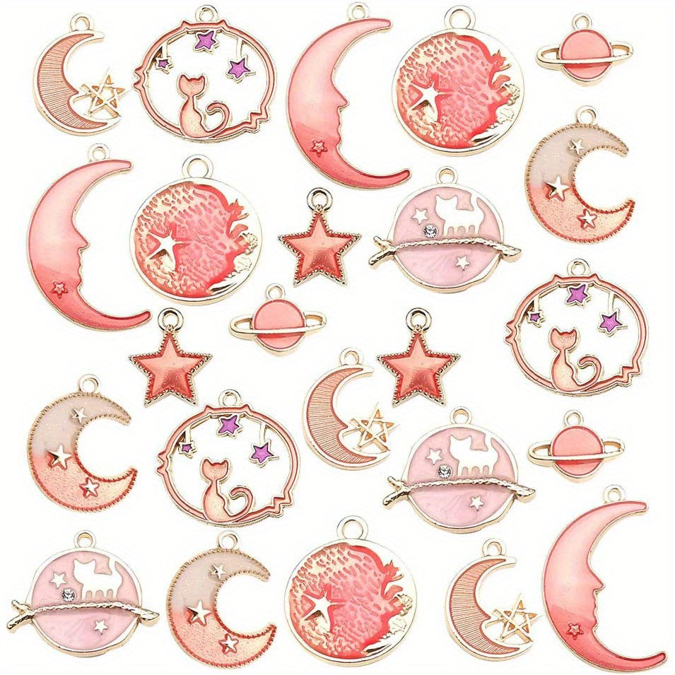 DIY Set of 24 Pink Assorted Gold Plated Enamel Cat Moon Star Celestial Pendants for Handmaking Earrings, Necklaces, Bracelets, and Jewelry