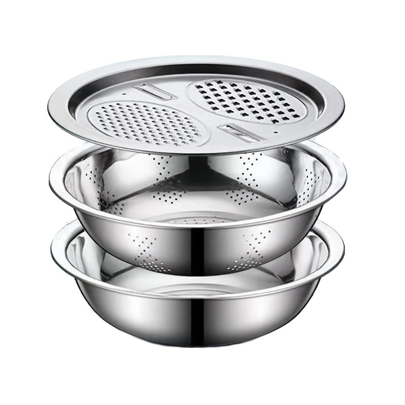 3-piece Stainless Steel Kitchen Set with Integrated Grinder, Strainer, and Mixing Bowl - Ideal for Cleaning, Slicing, and preparing fruits, vegetables, and cheese. Food-safe with Drainage