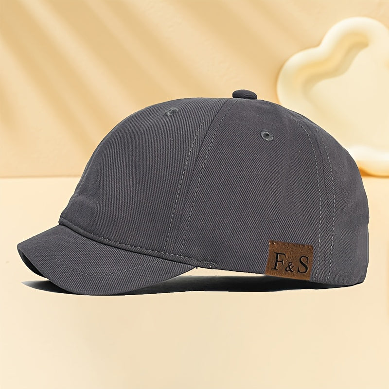 F&S Vintage-Inspired Baseball Cap with Faux Leather Patch - Adjustable and Sun-Protective. Classic European & American Fashion Accessory with Short Brim, Polyester, Woven Fabric.