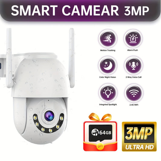 This outdoor HD PTZ wireless camera features 3MP resolution and comes with a 64GB memory card included, so there is no need to purchase one separately. It supports intelligent features such as full color, human tracking, and motion detection, making it