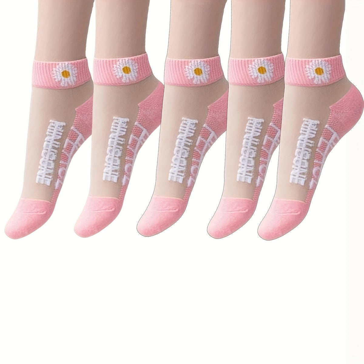 5 pairs of women's daisy pattern short socks, made of breathable glass fabric (70% cotton, 30% polyester, 10% elastane). Hand washable with a knit fabric of 150 gsm and an alphabet design.