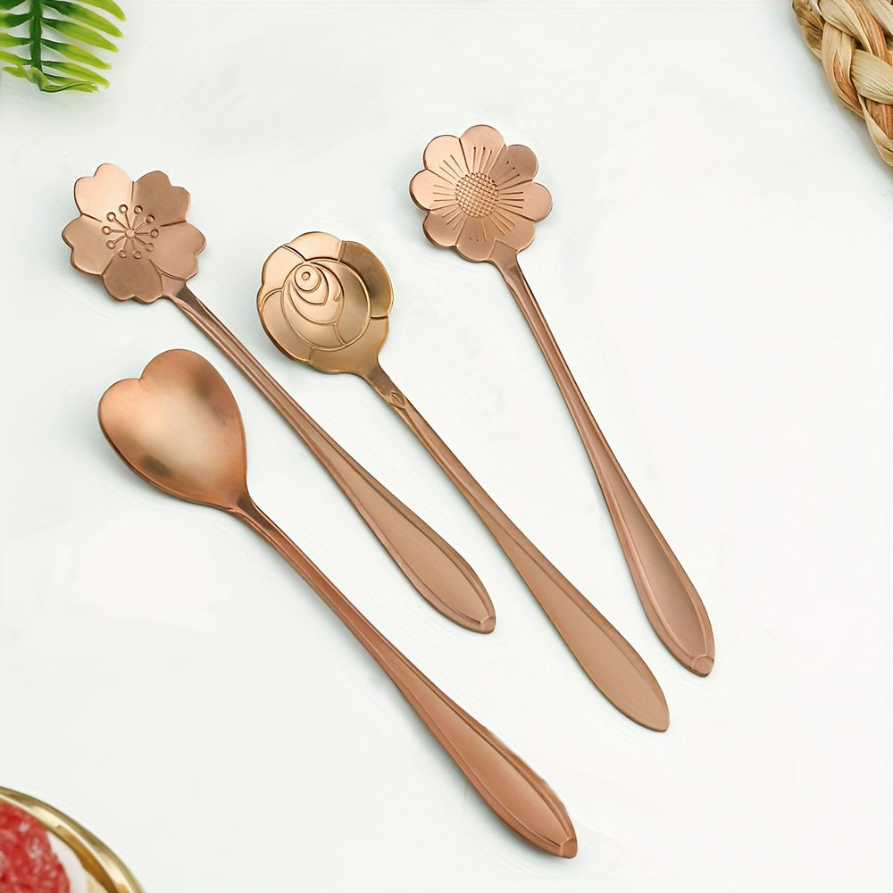 Four stainless steel cherry blossom coffee/dessert spoons.