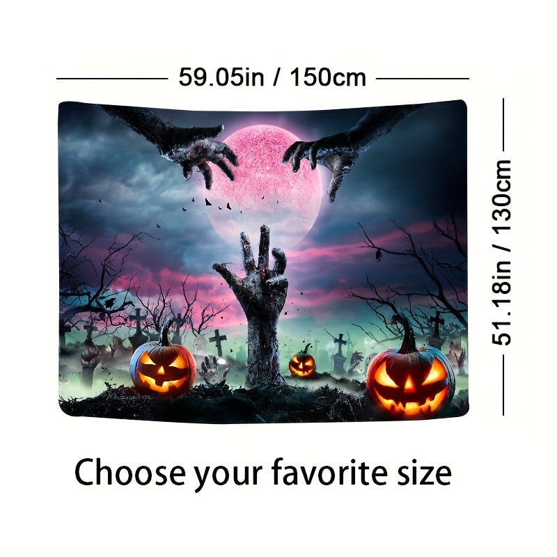 Spooky Halloween Tapestry featuring Tomb Hands, Carved Pumpkins, and Haunting Magical Background – Perfect for Halloween Home Decor