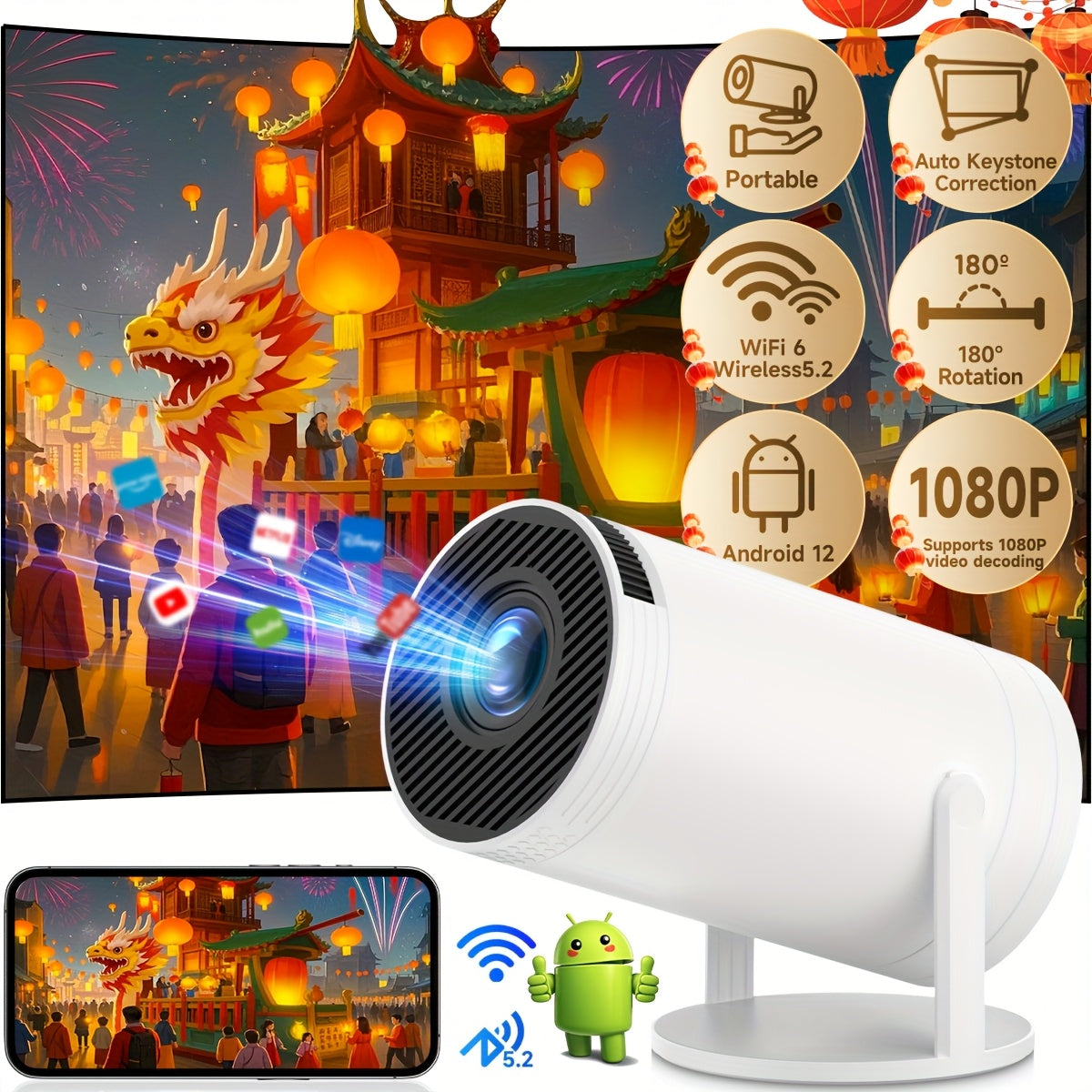 XYA Mini smart projector with WiFi6, Wireless 5.2, 180 Degree Rotation, Supports 1080P video decoding, Automatic Correction, Remote control. Ideal for Phone/Laptop/HDTV.