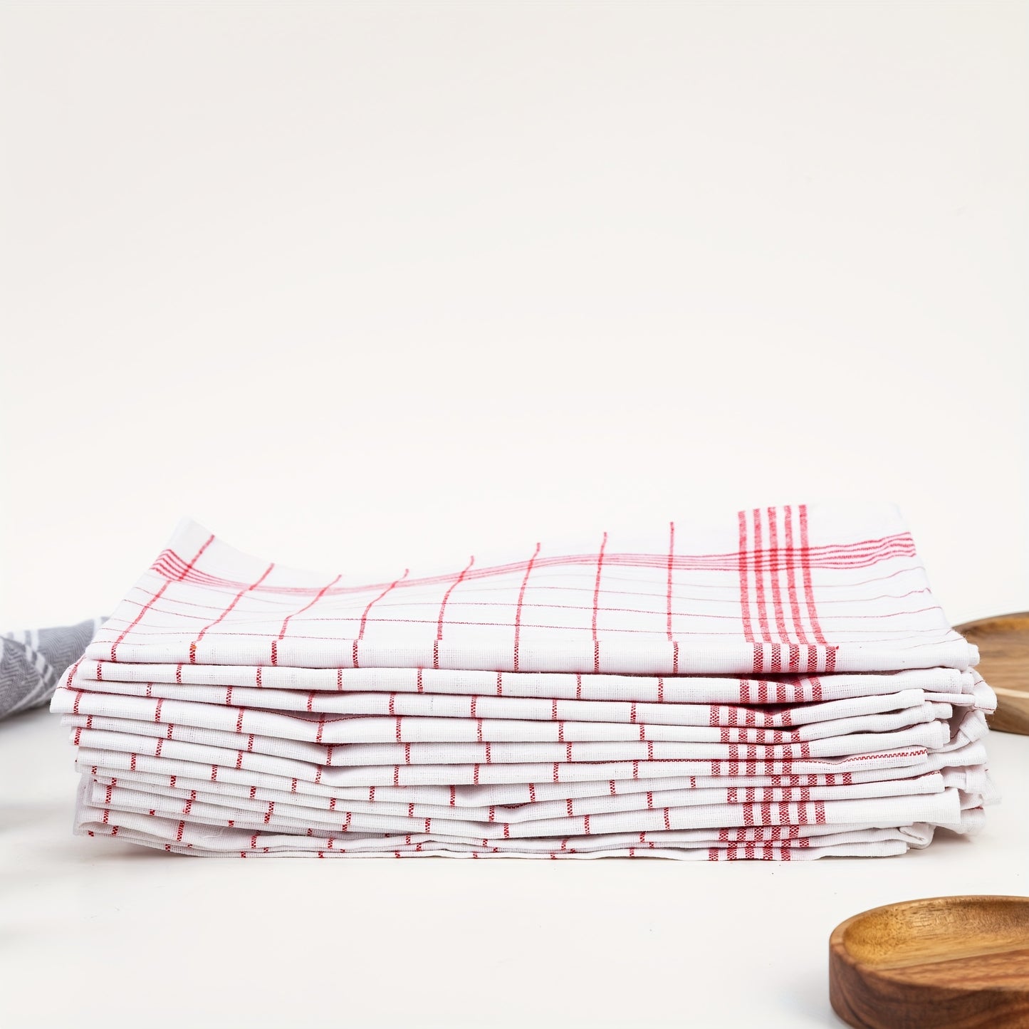 Set of 12 vintage red and white check European kitchen towels, each measuring 62 x 42cm. Heavy, hand hemmed tea towels suitable for all purposes.