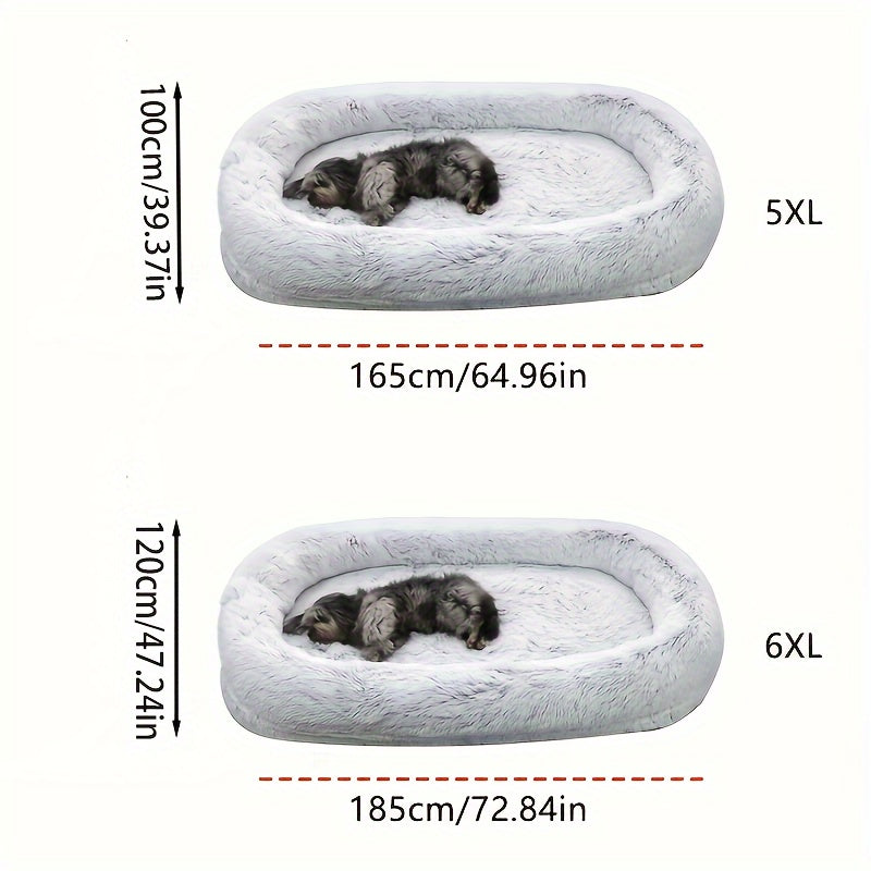 Oval-shaped plush sofa bed for dogs and people, cozy and warm with a non-slip bottom and machine washable in gray color.