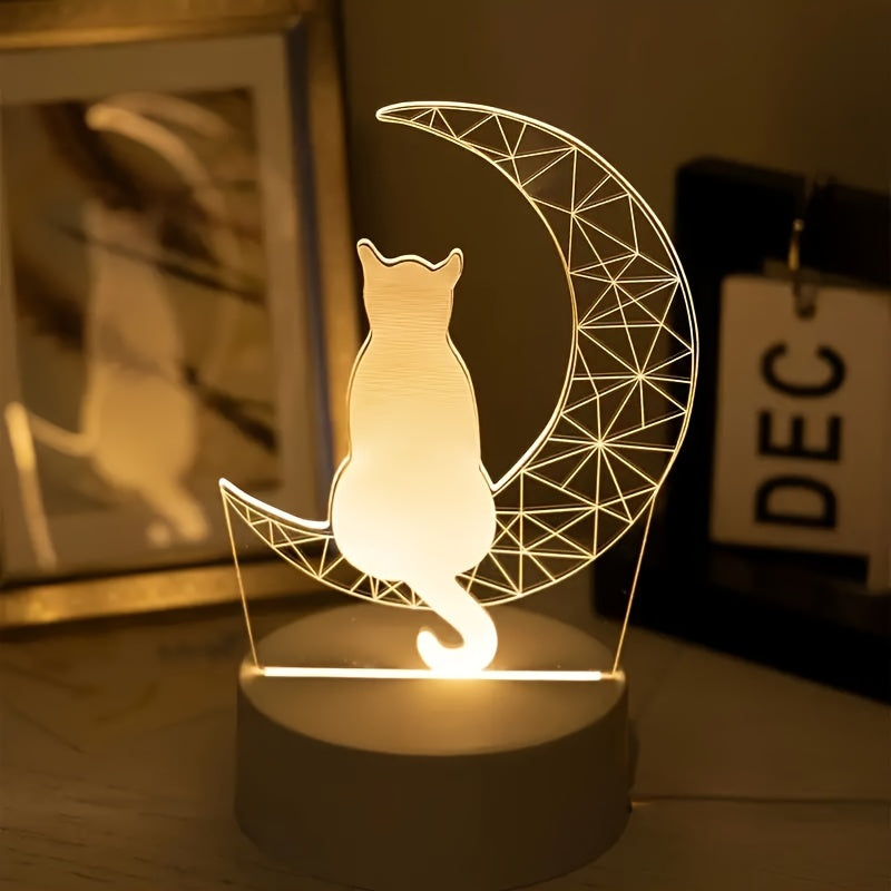 3D Cat on Moon Night Light: USB-Powered Table Lamp, Switch-Controlled Uplight for Home Decor, No Batteries Required.