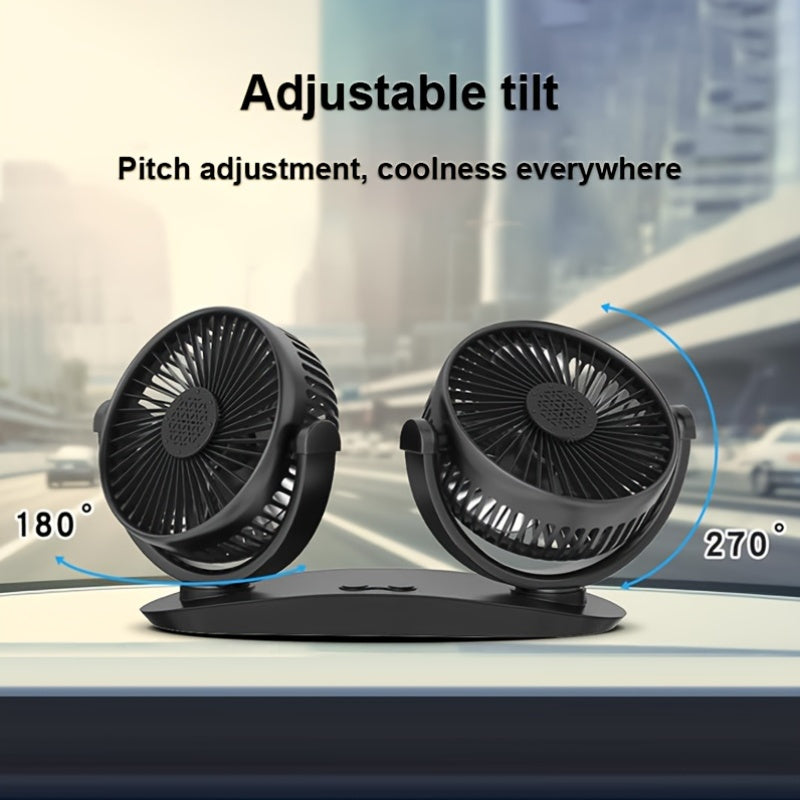 The Dual-Head USB Car Fan features three-speed wind adjustment, an aromatherapy cover, dual switches, multi-angle rotation, a brushless motor, lightweight and portable design, low noise operation, USB powered for energy-saving, a grid mesh cover, a