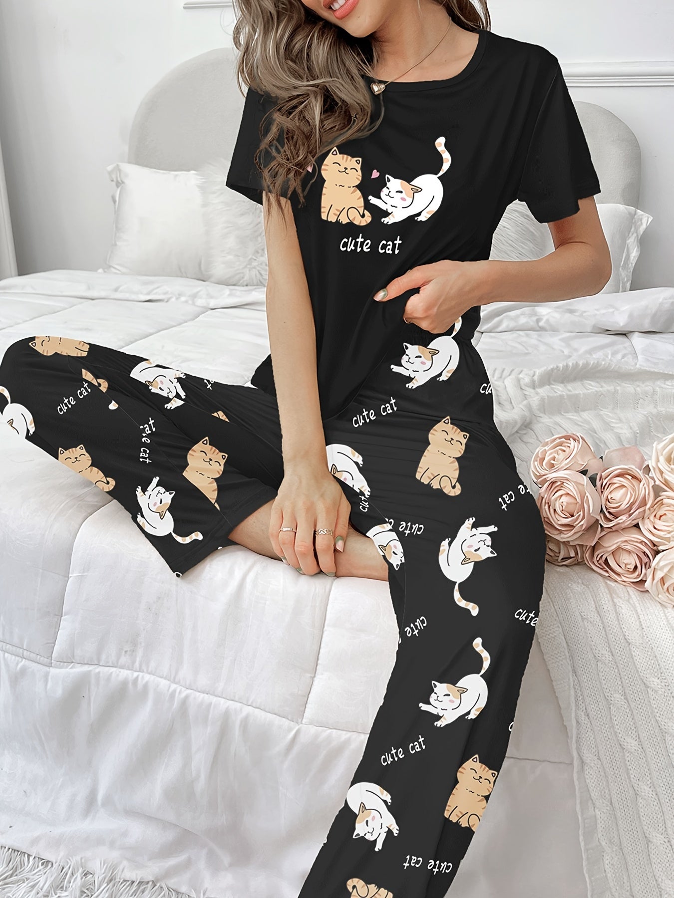 Women's Cat and Letter Print Pajama Set - Short Sleeve Top and Pants, Relaxed Fit