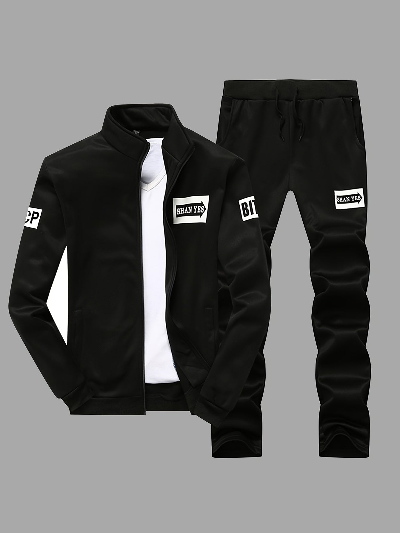 Men's Casual Fleece Zip-Up Jacket and Pants Set with "SPORT" Lettering in Black Polyester for Spring/Fall. Features Pockets, Comfortable and Durable.