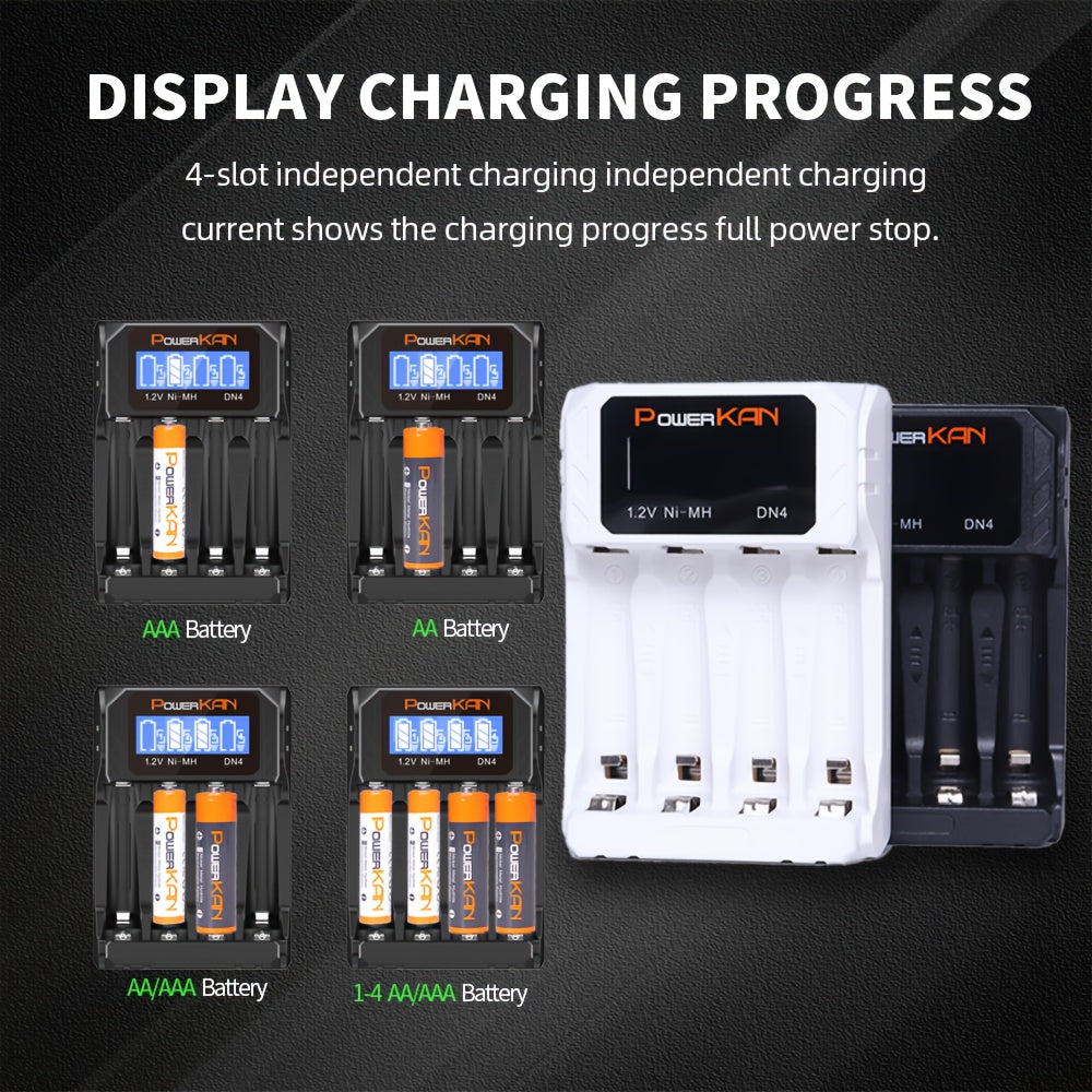 The PowerKAN Compact 4-Slot Smart Charger charges AA/AAA Ni-MH/Ni-Cd Batteries with USB Type-C, LCD Display, Overcharge Protection, Black or White, Portable.