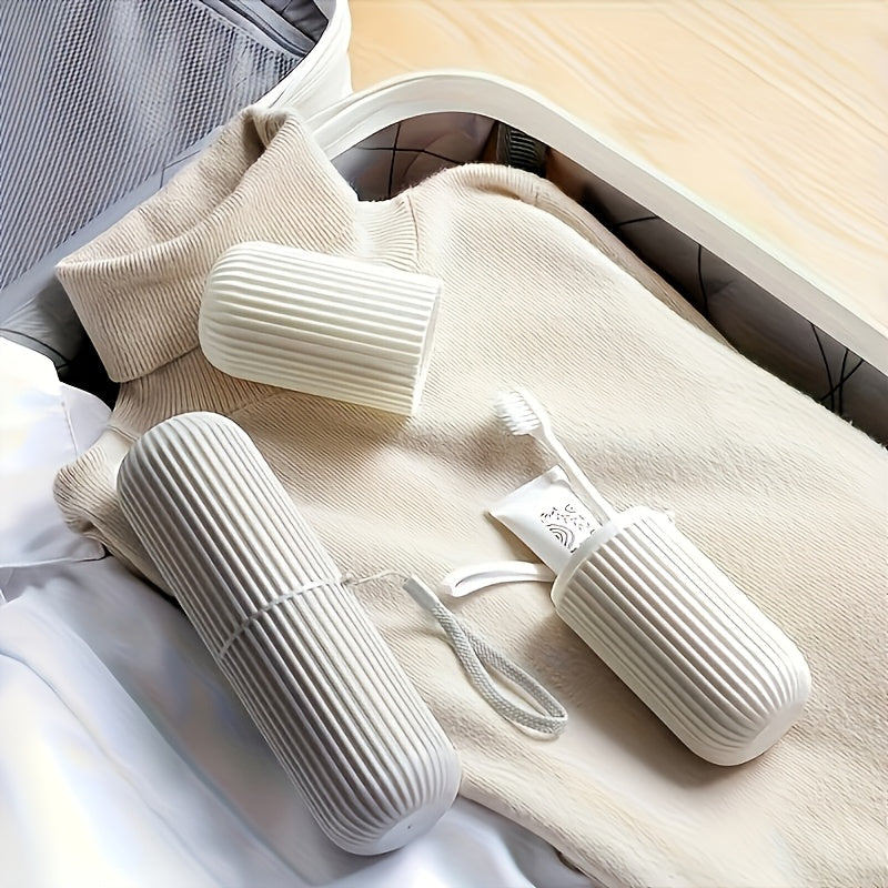 Portable toothbrush holder with rinse cup for travel and bathroom use, hypoallergenic and alcohol-free.