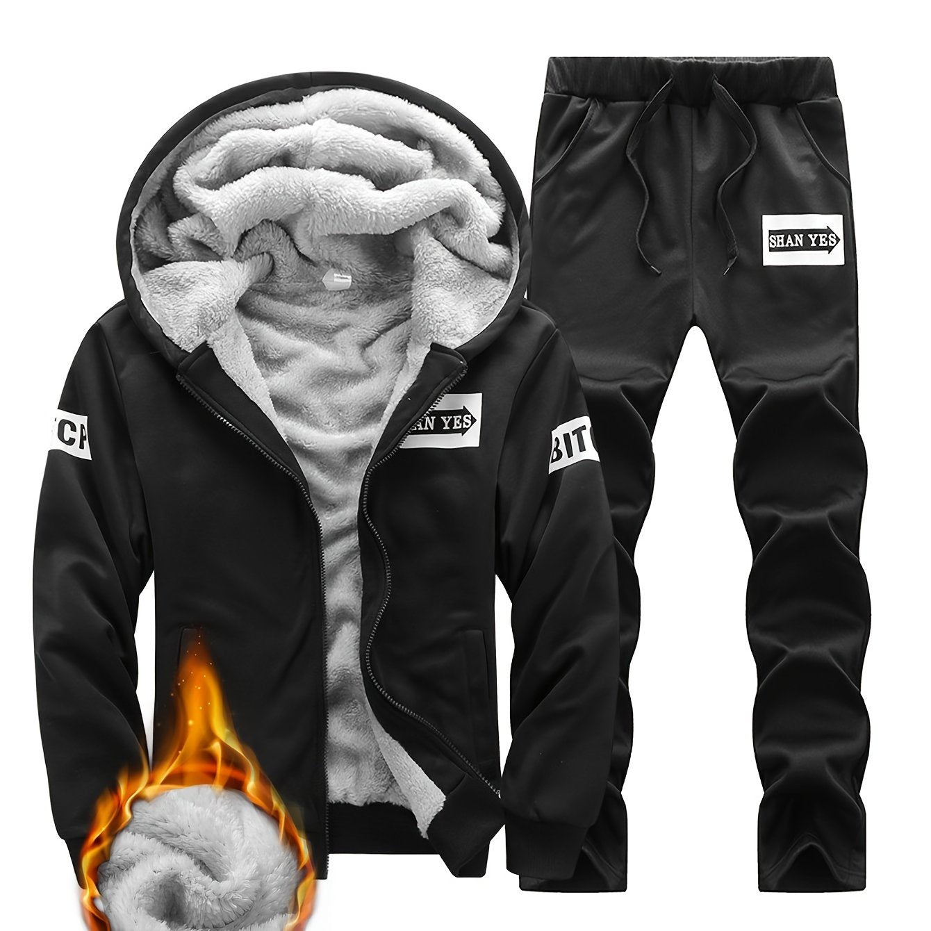 Men's winter fleece-lined hooded jacket and joggers set for a warm, thick, and stylish athletic outfit.