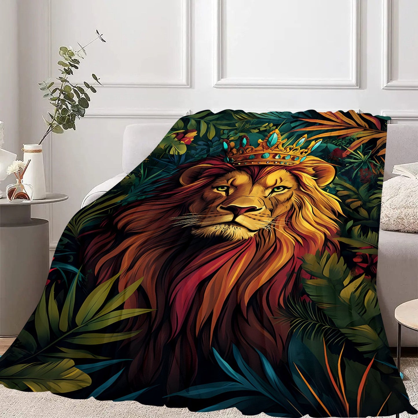 Get cozy with this contemporary style Jungle Lion Print Flannel Blanket! Perfect for all seasons, this soft throw is great for bed, sofa, or car. Made of digital print polyester, it is machine washable and weighs 200-250gsm. Makes an ideal gift for