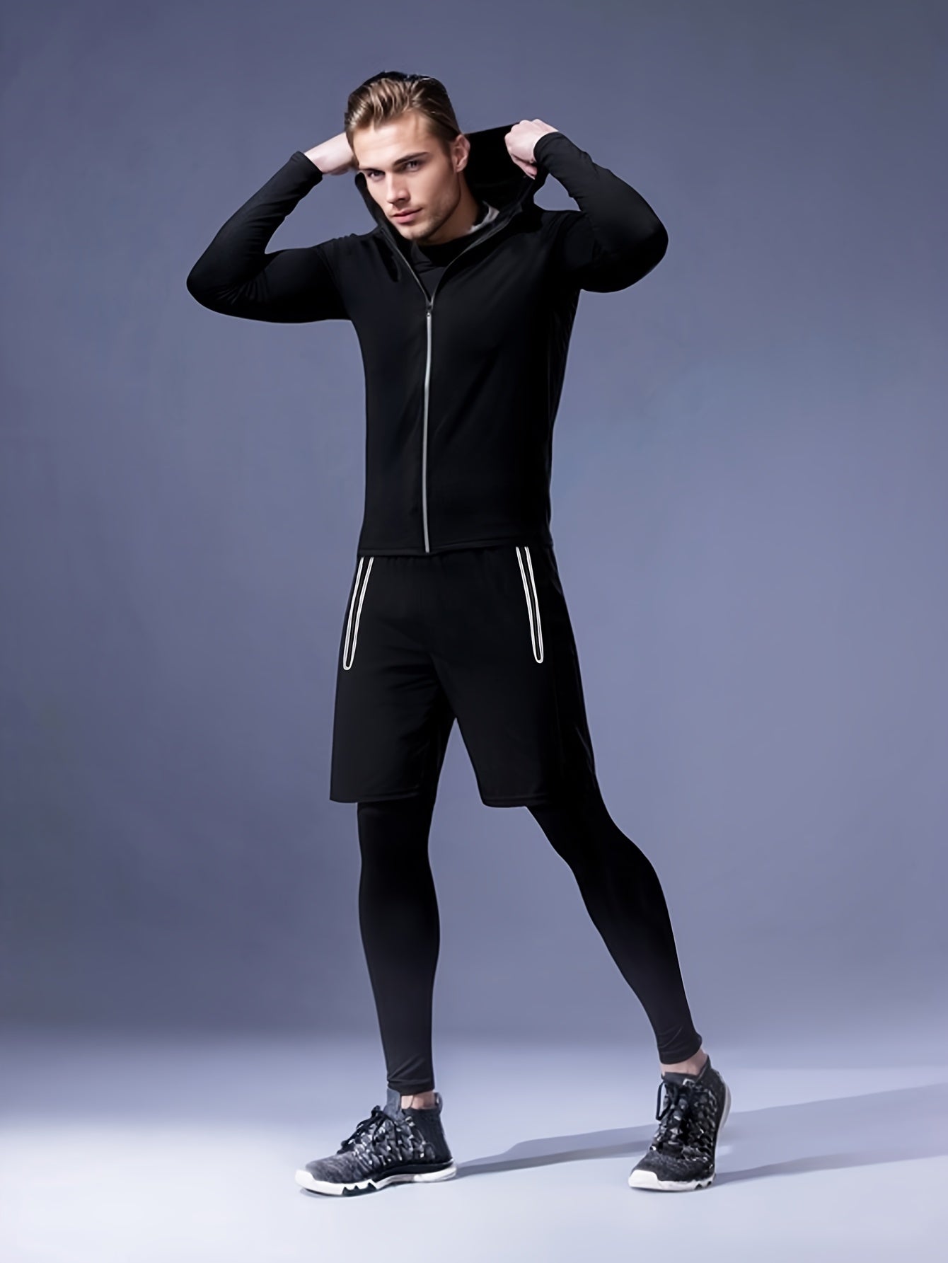 Men's Athletic Set: Includes hooded jacket, long sleeve shirt, shorts, and leggings for running, training, hiking, and outdoor activities. Made of polyester and spandex blend.