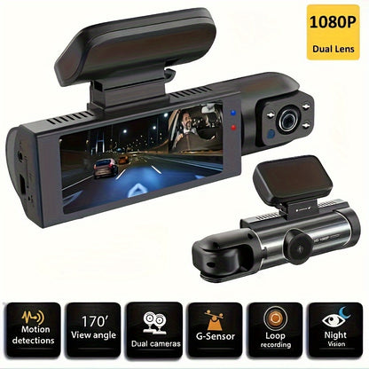 ZKCAMSPY Dual Dash Cam with 1080P front and 720P inside cameras, HD night vision, loop recording, G-sensor, wide angle, 27.5FPS, rechargeable lithium polymer battery, adhesive mount, and PC