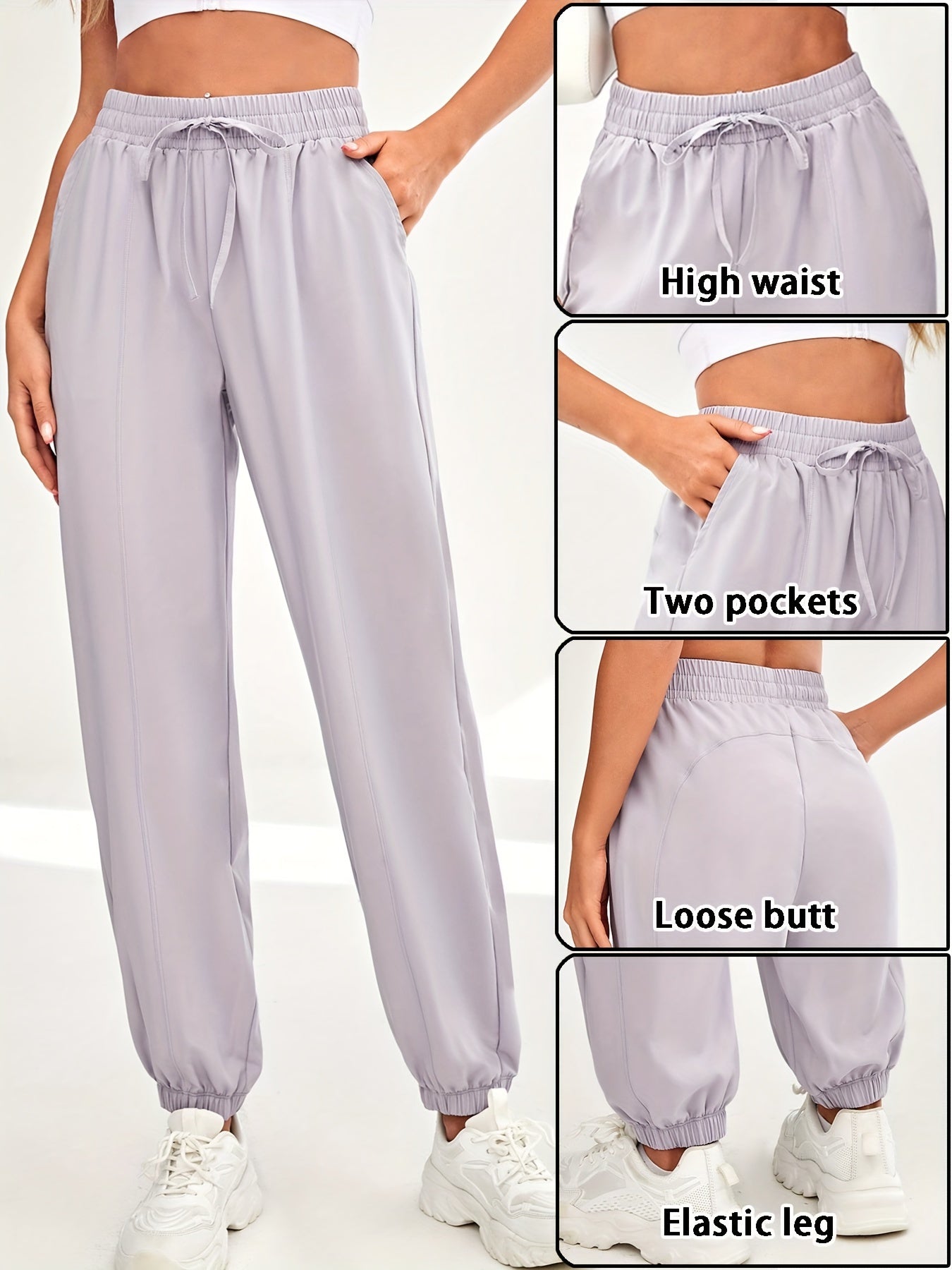 Solid color quick-drying sweatpants with drawstring elastic waist for women's athleisure.