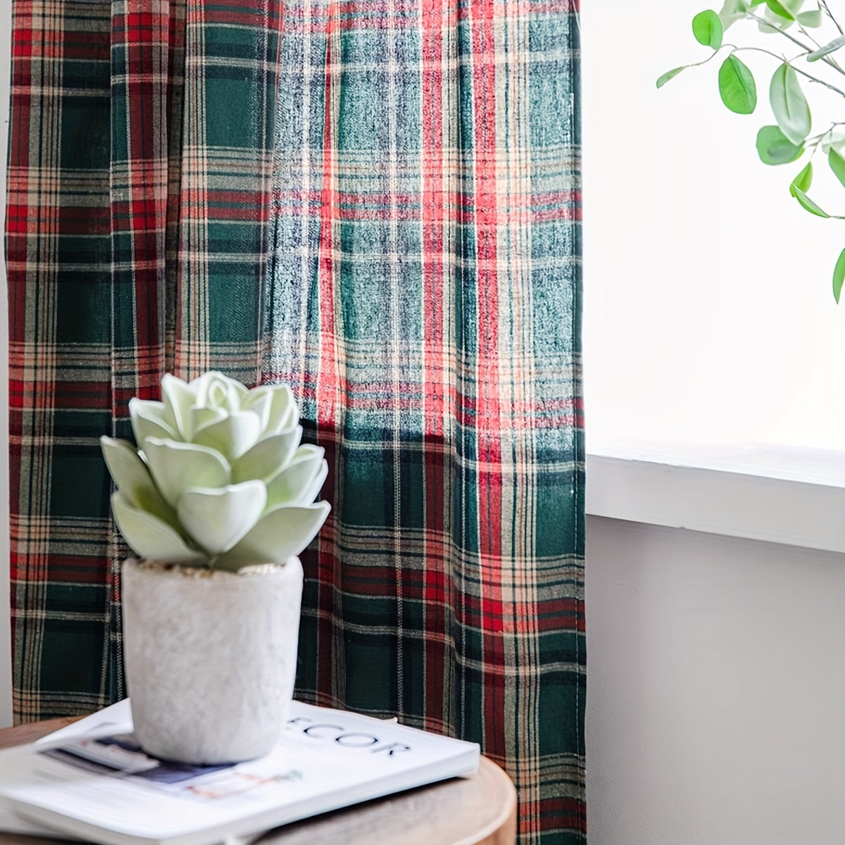 One-piece Green Plaid Christmas Curtain with an American Retro Style, allowing light to pass through, Ideal for creating a festive atmosphere in the bedroom, balcony, and living room. Features an invisible rod for easy installation. Perfect for adding