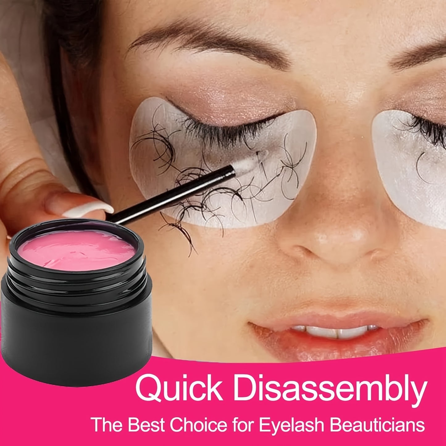 10g of strawberry scented eyelash glue remover with gentle, quick dissolving gel and application brushes for safe removal of eyelash extensions.