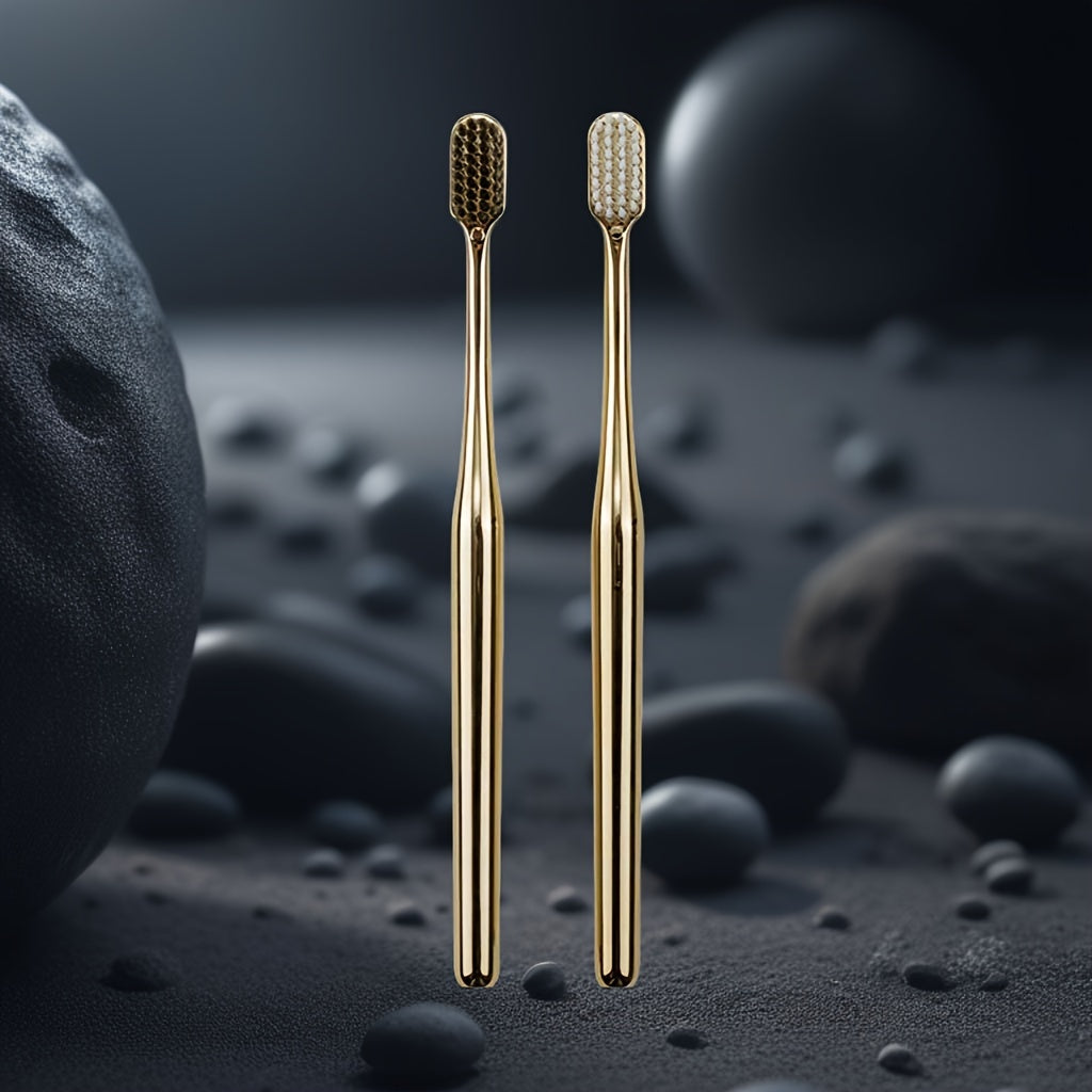 High-end gold and silver plated toothbrush with bamboo charcoal fiber bristles for deep cleaning oral care; individually packaged for couples or adults.