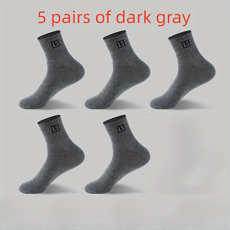 5 pairs of men's crew socks with alphabet pattern, made of knit polyester and spandex blend, breathable and soft, suitable for sports and casual wear, machine washable.