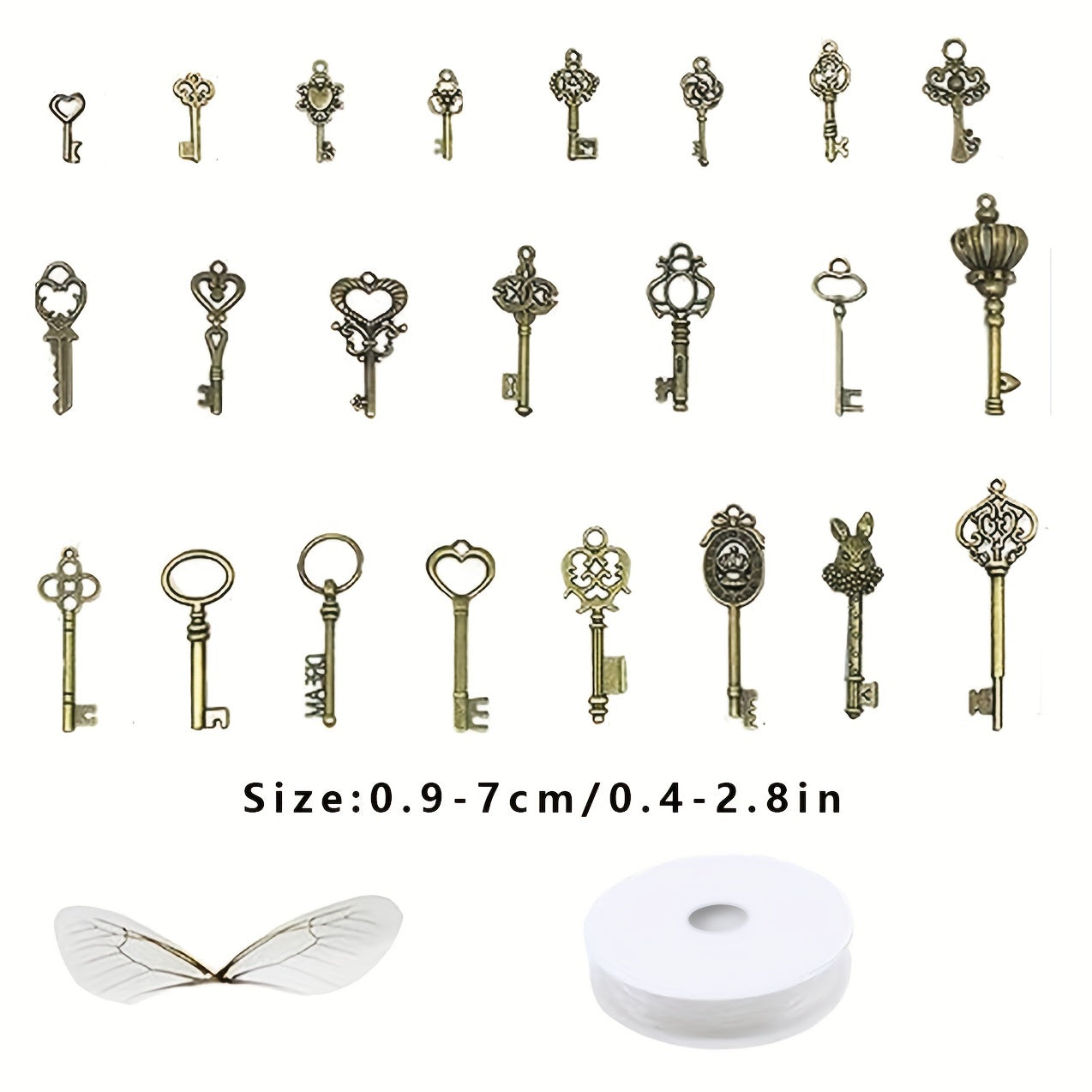 46 pieces of antique bronze vintage skeleton key charms, accompanied by 50 pairs of dragonfly wings and 96.01 meters of strings for creating jewelry and necklaces. Perfect for crafts.