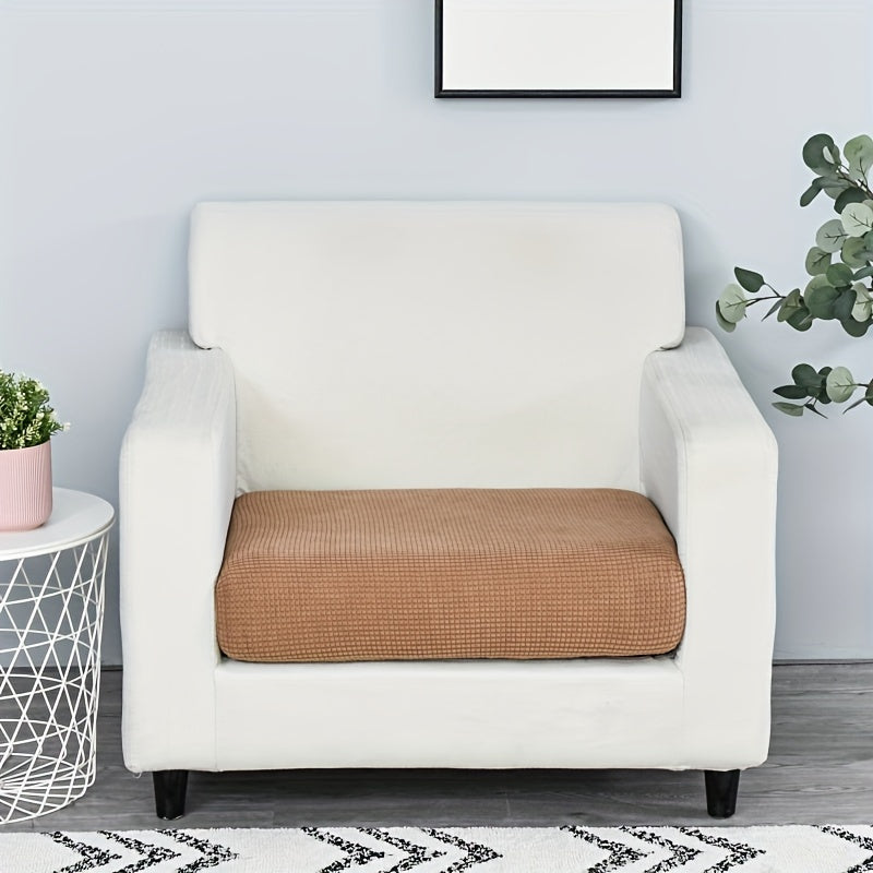 Modern Stretch Sofa Cushion Cover made of machine washable polyester and spandex fabric. Features elastic seat slipcover with no print design, dustproof protection, and elastic band closure.