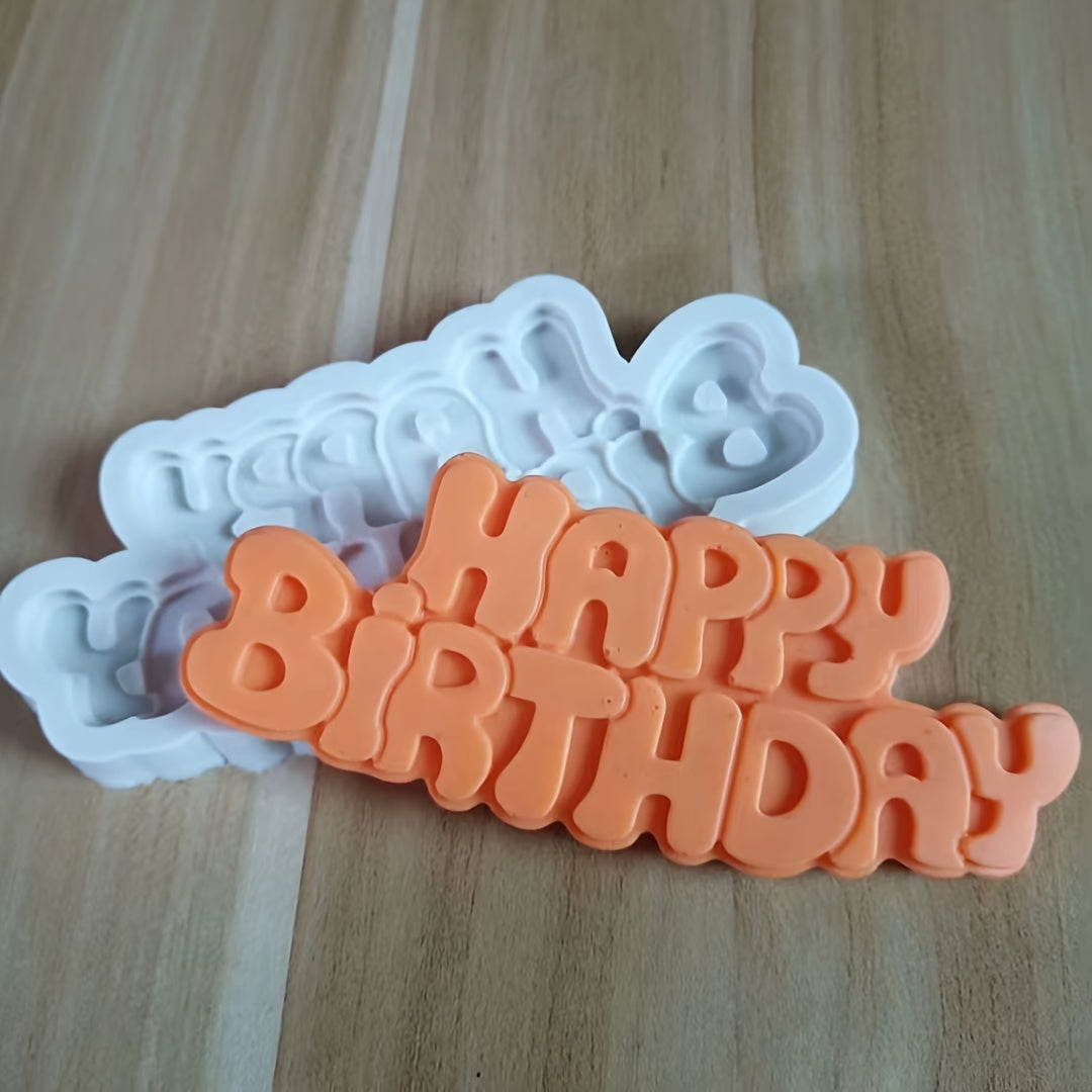 One piece of Happy Birthday Silicone Mold perfect for creating 3D Fondant shapes for DIY Pudding, Chocolate, Candy, Desserts, Gummy, Handmade Soap, Aromatherapy Candle, Plaster, Polymer Clay, and Ice Cubes. Ideal for Bakeware, Cake Decorating, Baking and