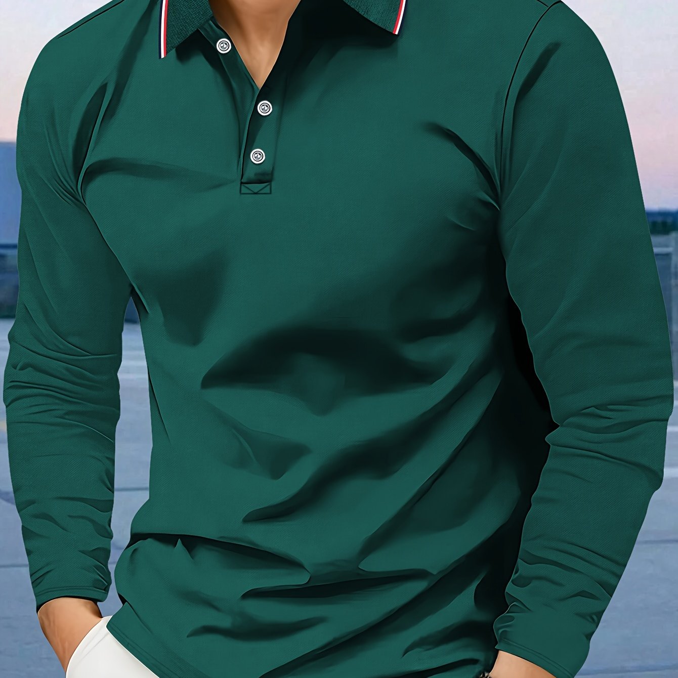 Men's casual polo shirt with breathable comfort fabric, long sleeve turn-collar, solid color, regular fit, knit fabric, 100% polyester, button details, suitable for the fall season -