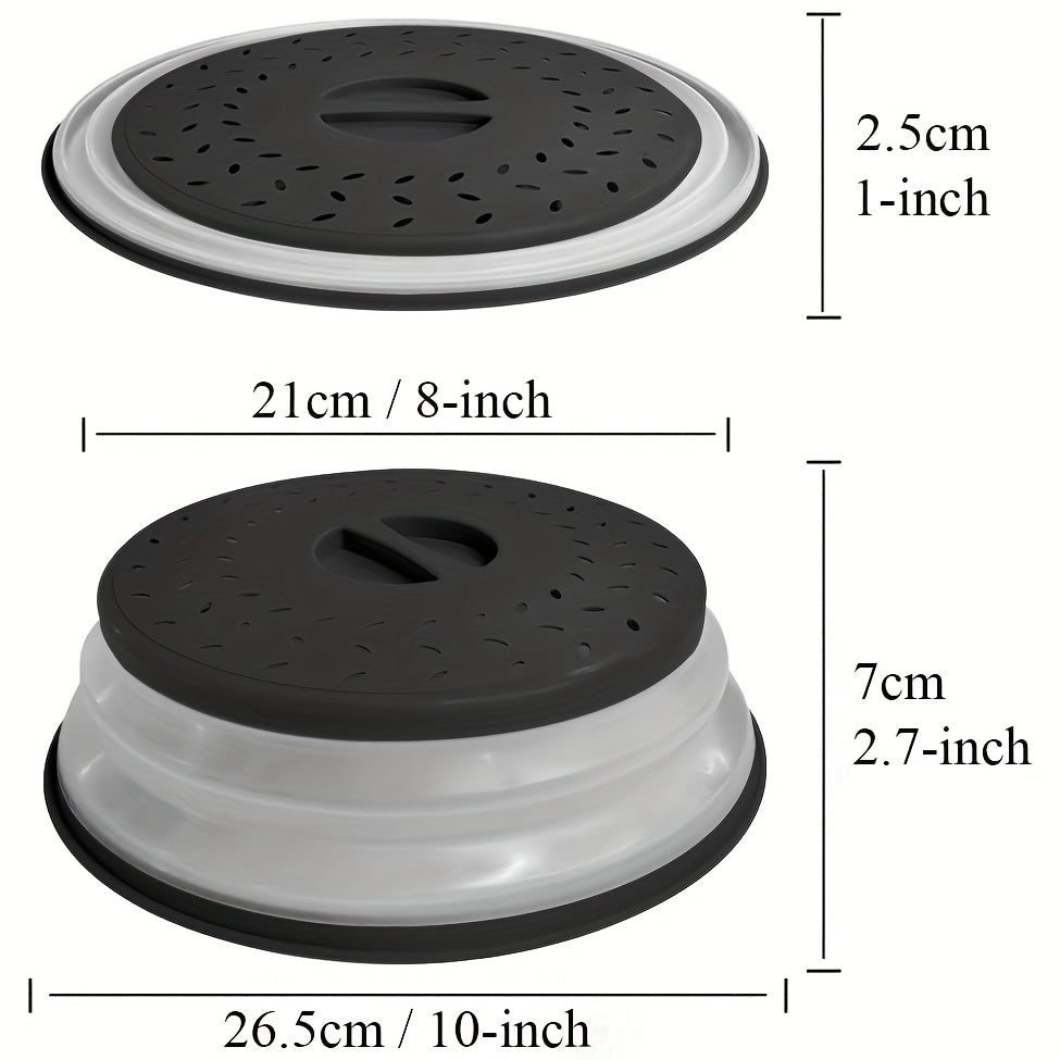 One set of four BPA-free foldable microwave lids for food, compatible with microwave ovens. Can be used as a splash lid, food filter, and is dishwasher safe. Each lid measures 10 inches in diameter.