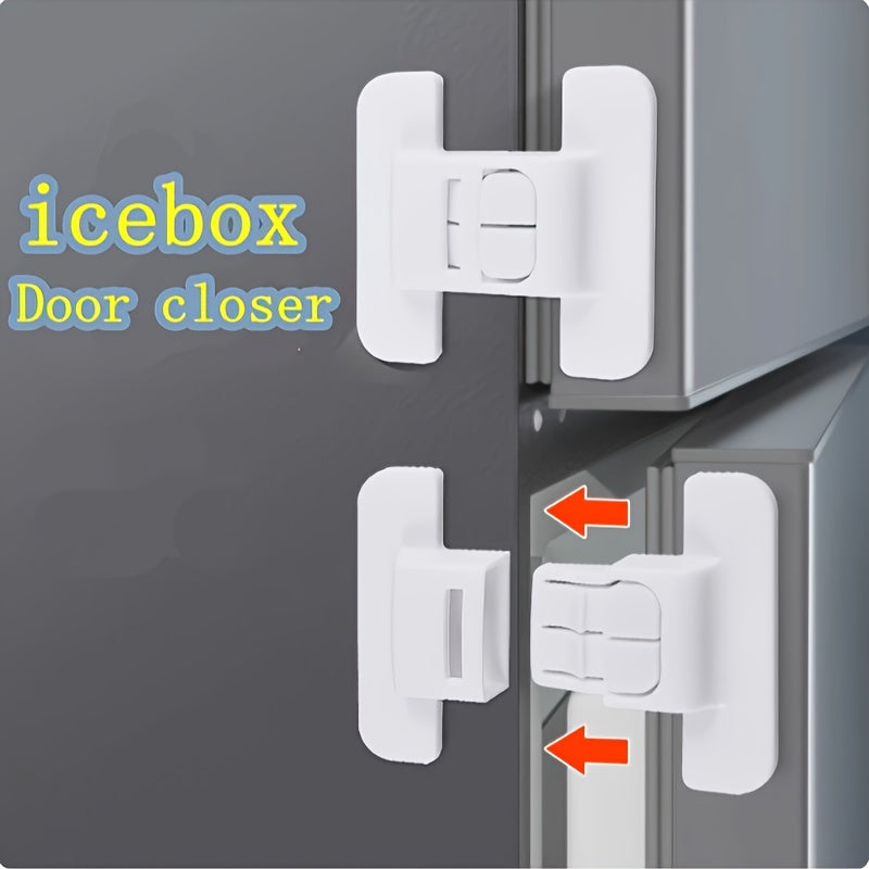 2-piece set of refrigerator door closers with automatic locking mechanism for universal fit and enhanced safety buckle design for safe closure and preventing door sagging.