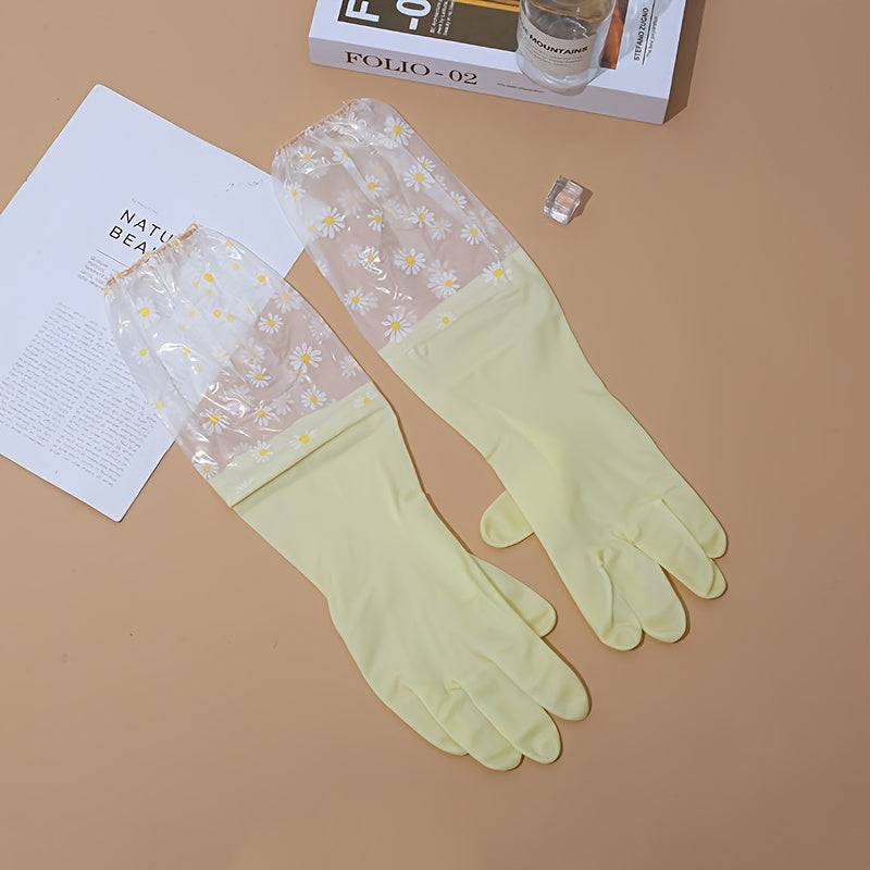 Two waterproof PVC cleaning gloves featuring a colorful daisy pattern, designed for a secure grip while washing dishes. Ideal for use in the kitchen, home, laundry, bathroom, toilet, living room, and bedroom. These gloves are non-toxic, multifunctional