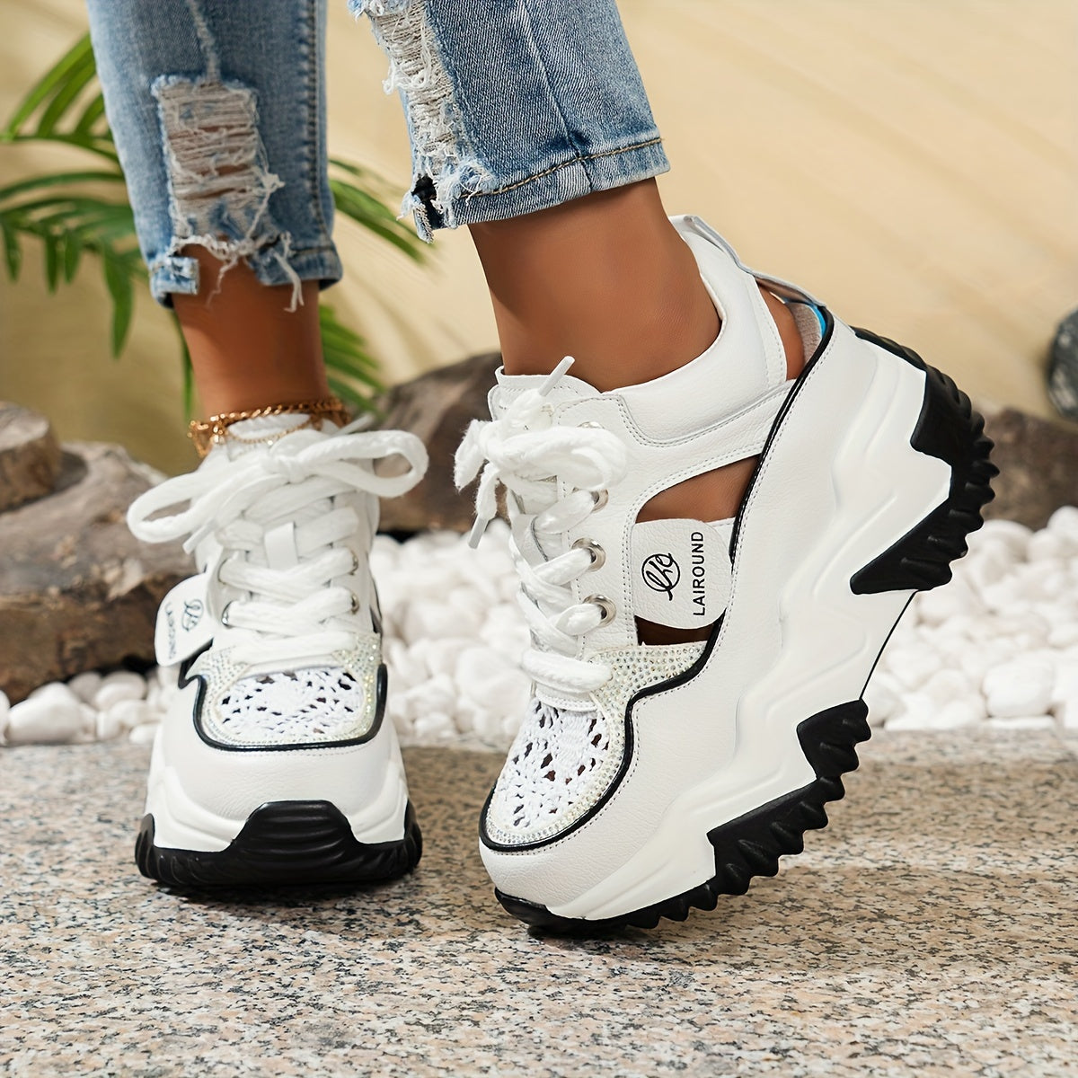 Solid color lace up platform sneakers with soft sole, hollow design, breathable and heightening low-top style for women.