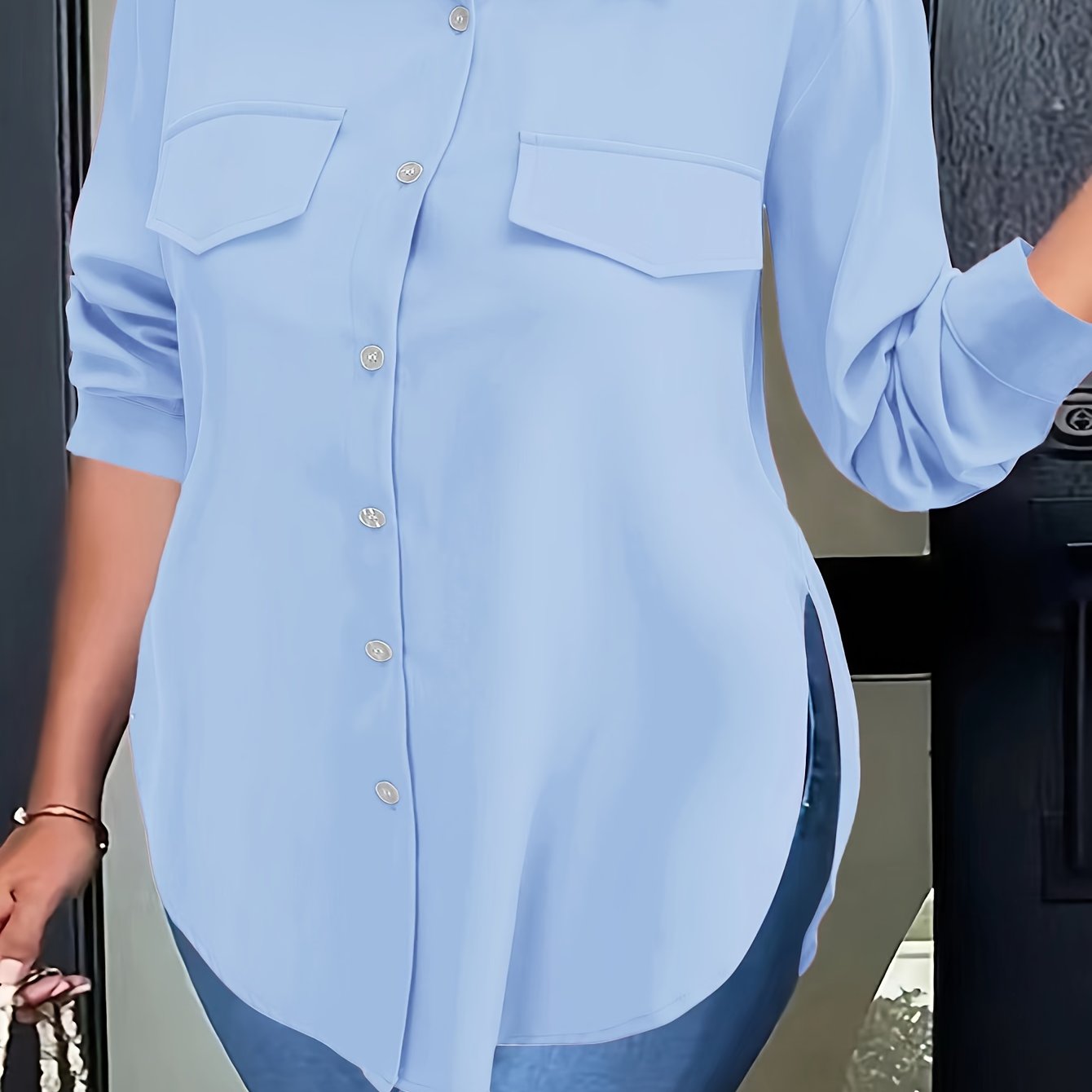 Curved hem blouse for spring, button front and collared, plus size.